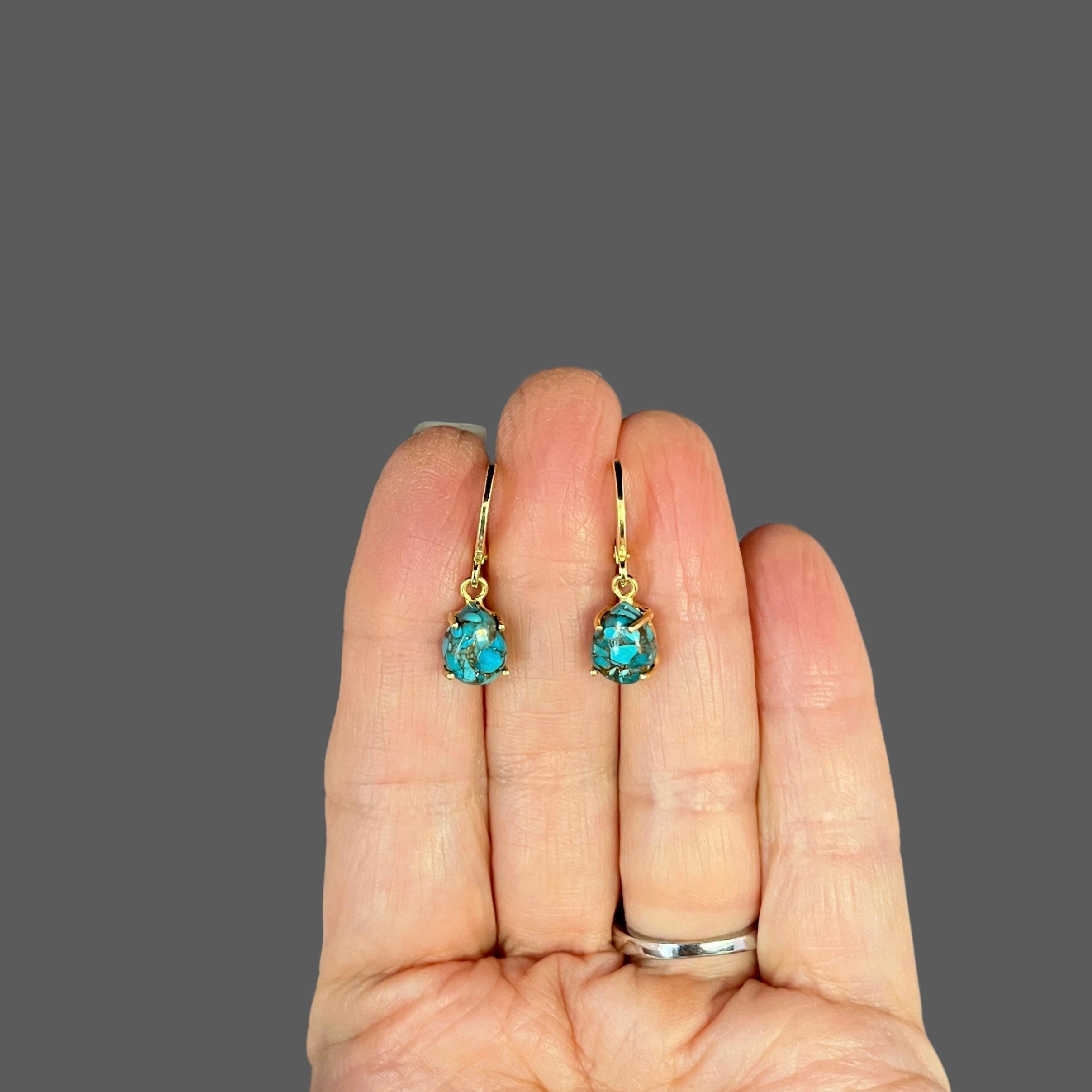Kingman Copper Turquoise Cabochon Earrings with Gold Vermeil Leverback Hoops