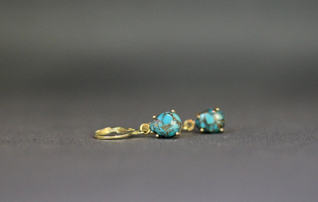 Kingman Copper Turquoise Cabochon Earrings with Gold Vermeil Leverback Hoops
