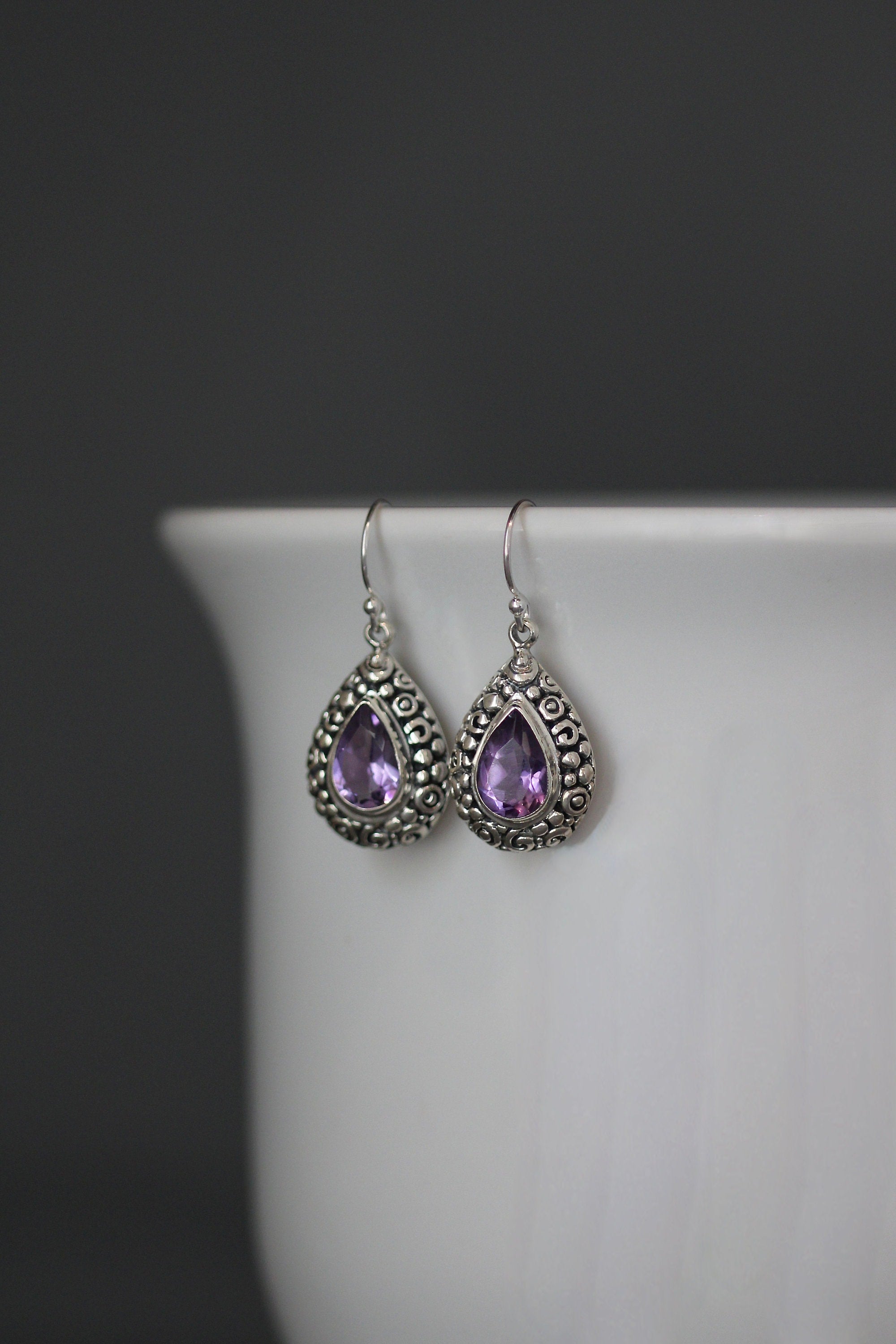 Amethyst Teardrop Earrings in Bali Sterling Silver Filigree Bezels