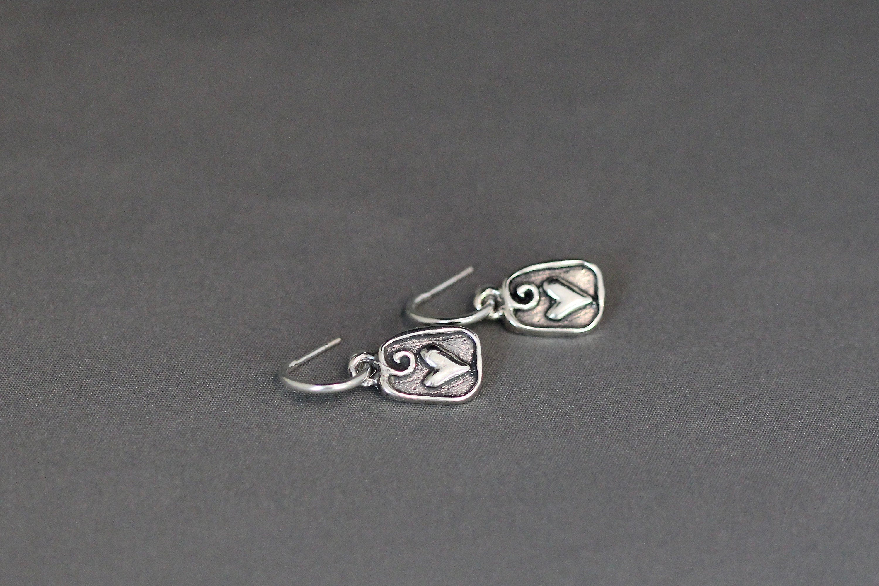 Sterling Silver Bali Heart Charm Hoop Earrings
