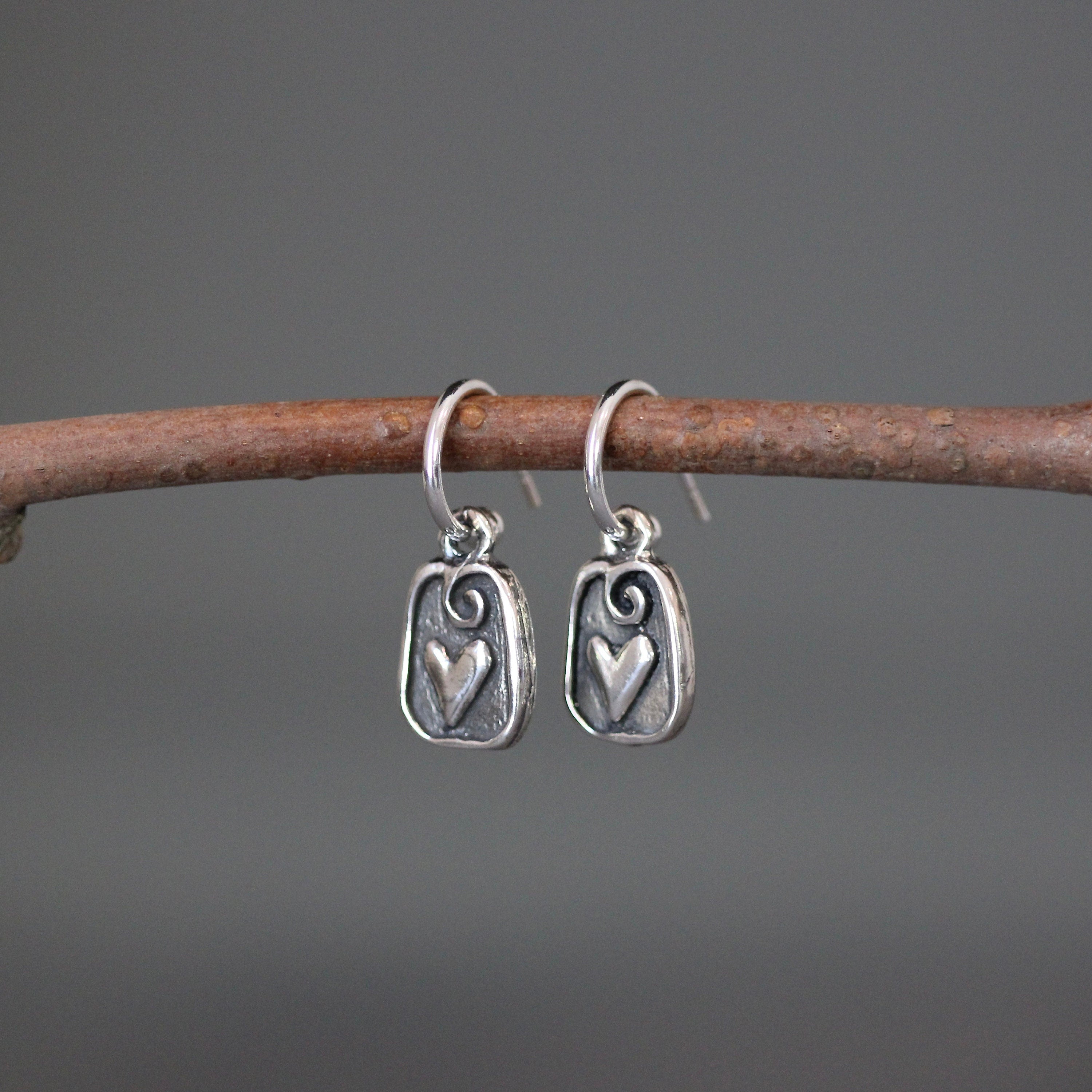 Sterling Silver Bali Heart Charm Hoop Earrings