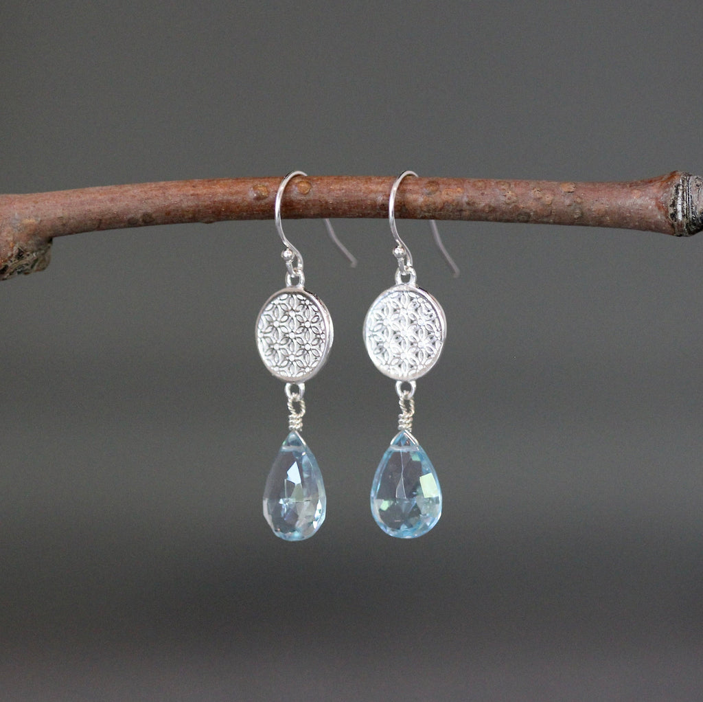 Blue Topaz and Sterling Silver Filigree Flower Dangle Earrings