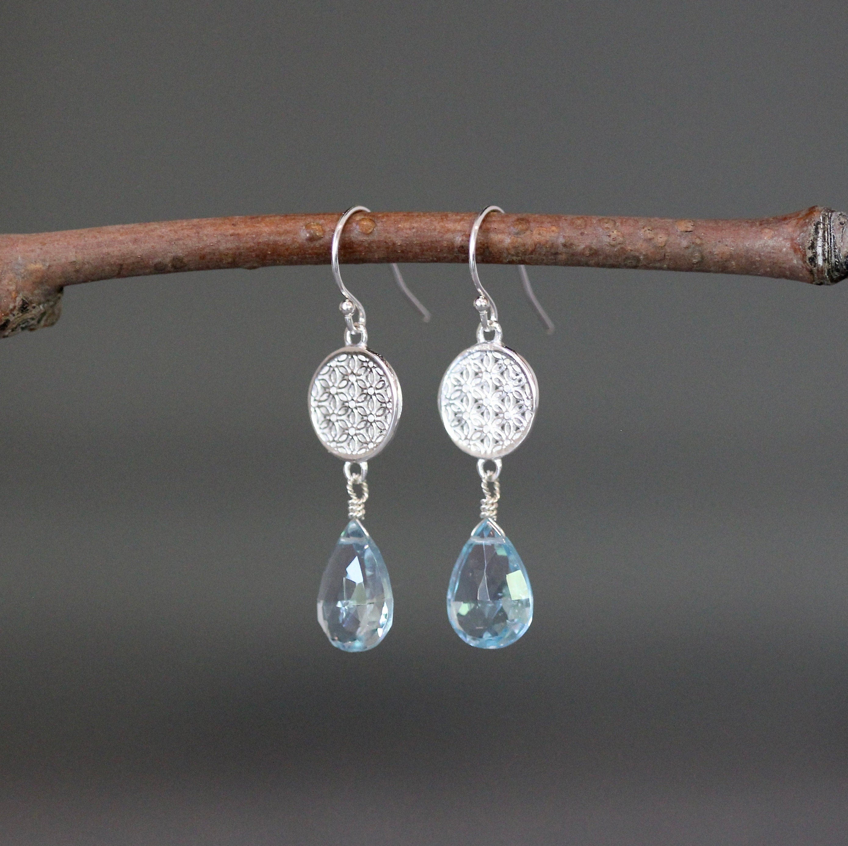 Blue Topaz and Sterling Silver Filigree Flower Dangle Earrings