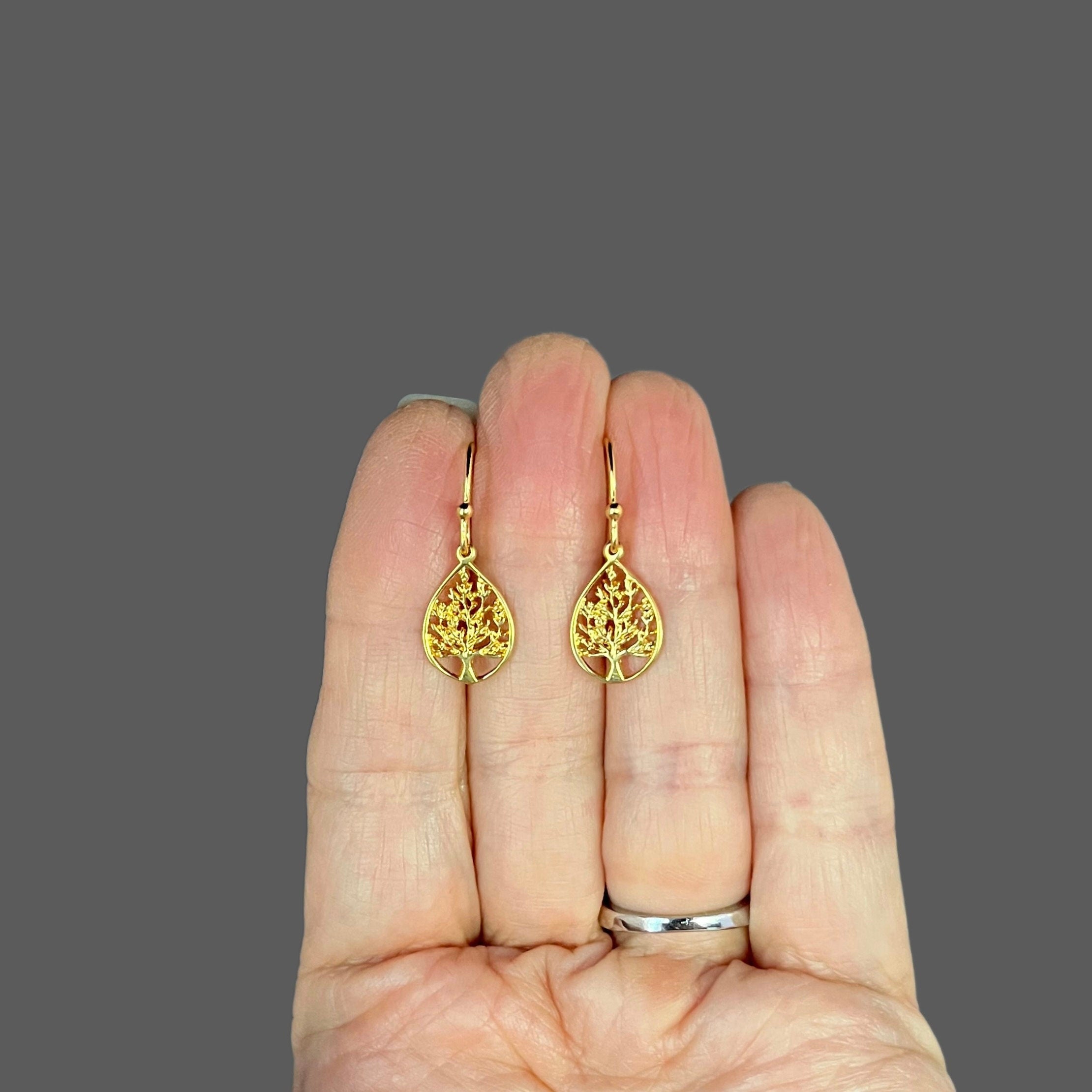 Gold Vermeil Tree of Life Teardrop Charm Dangle Earrings I