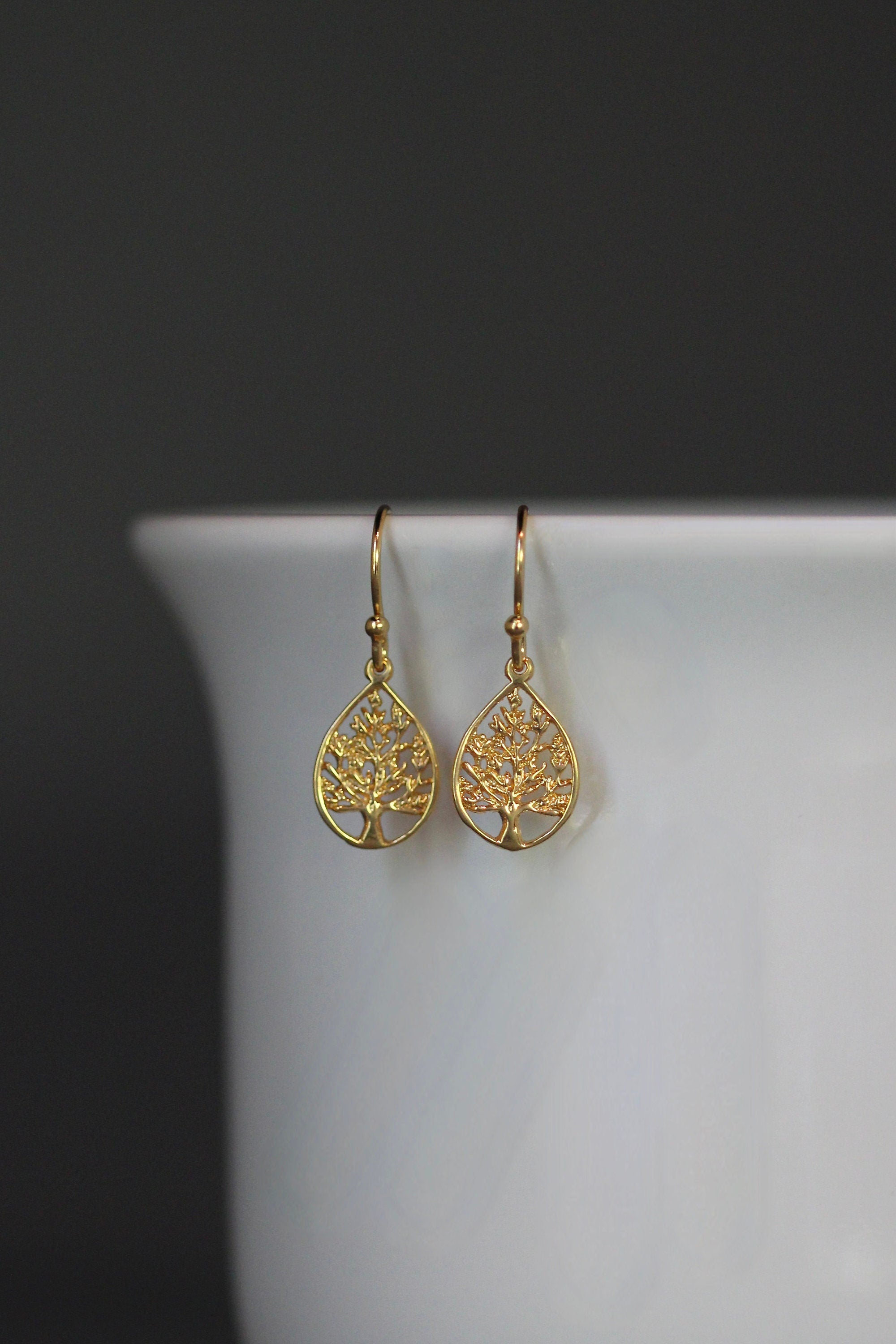 Gold Vermeil Tree of Life Teardrop Charm Dangle Earrings I