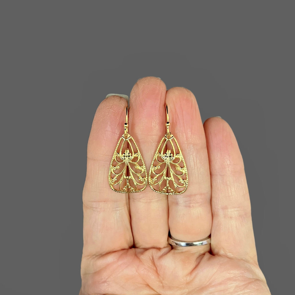 Gold Vermeil Filigree Triangle Drop Earrings
