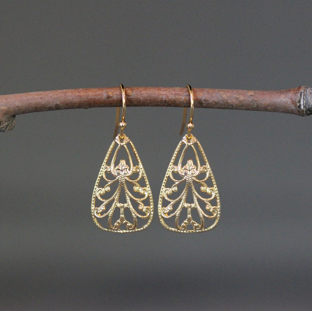 Gold Vermeil Filigree Triangle Drop Earrings