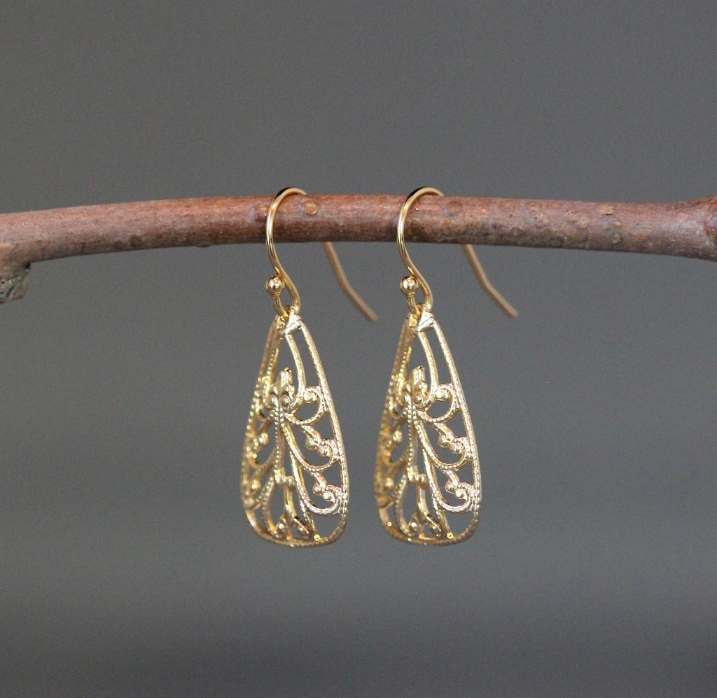 Gold Vermeil Filigree Triangle Drop Earrings