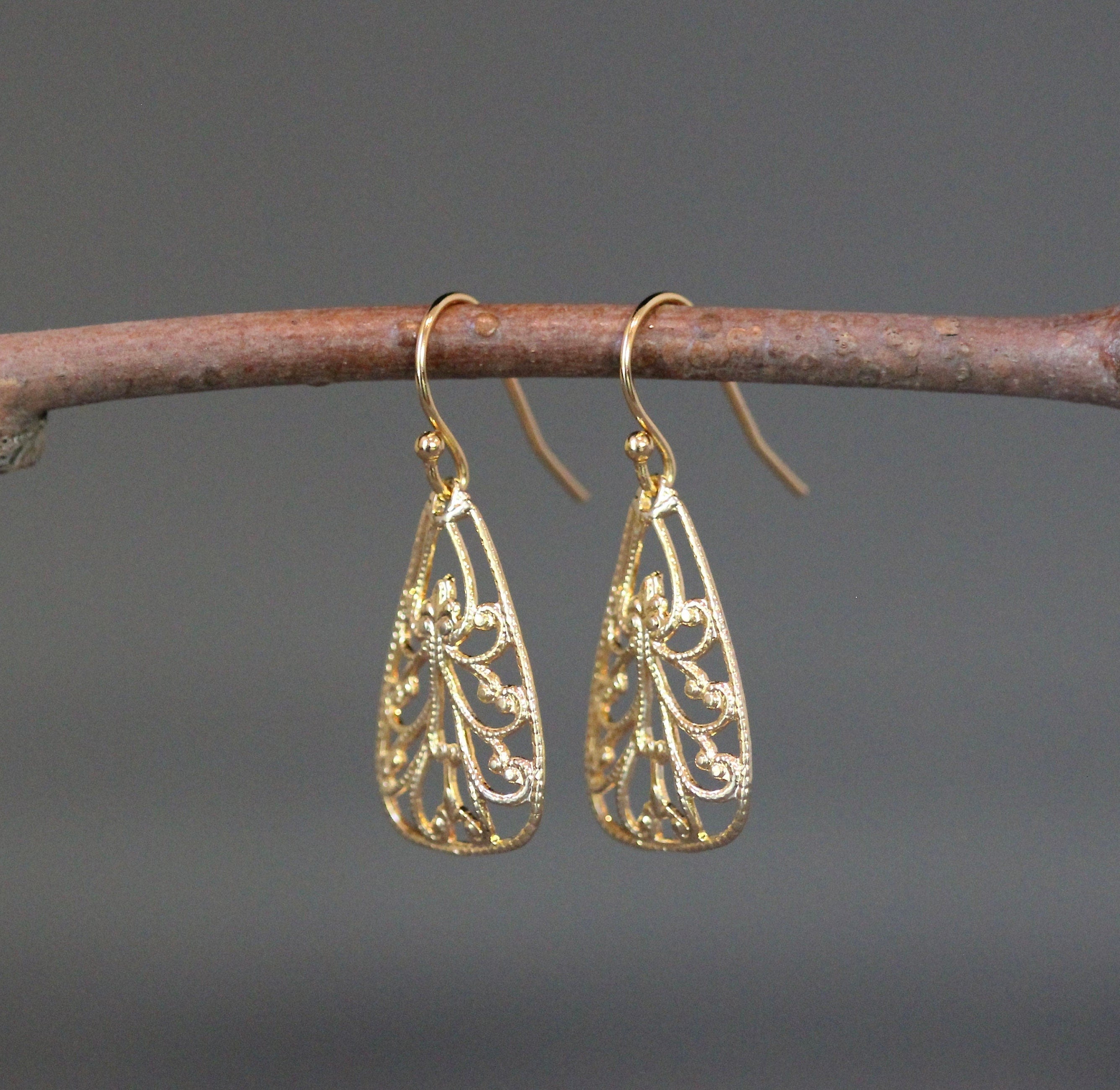 Gold Vermeil Filigree Triangle Drop Earrings
