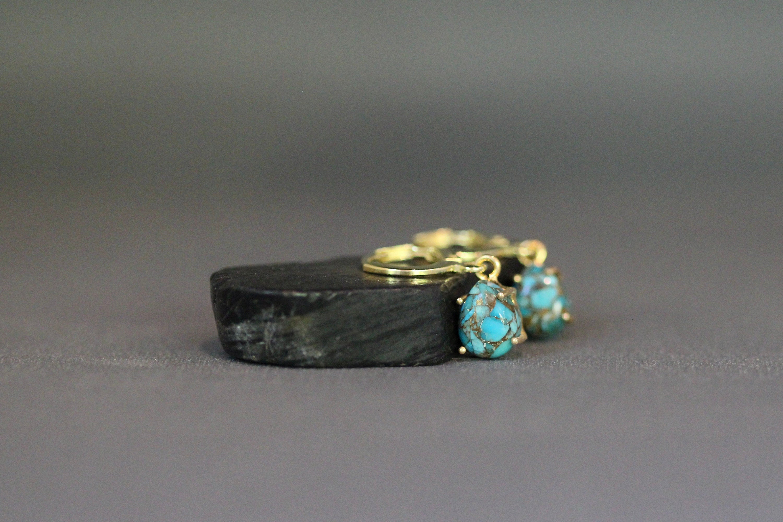 Kingman Copper Turquoise Cabochon Earrings with Gold Vermeil Leverback Hoops
