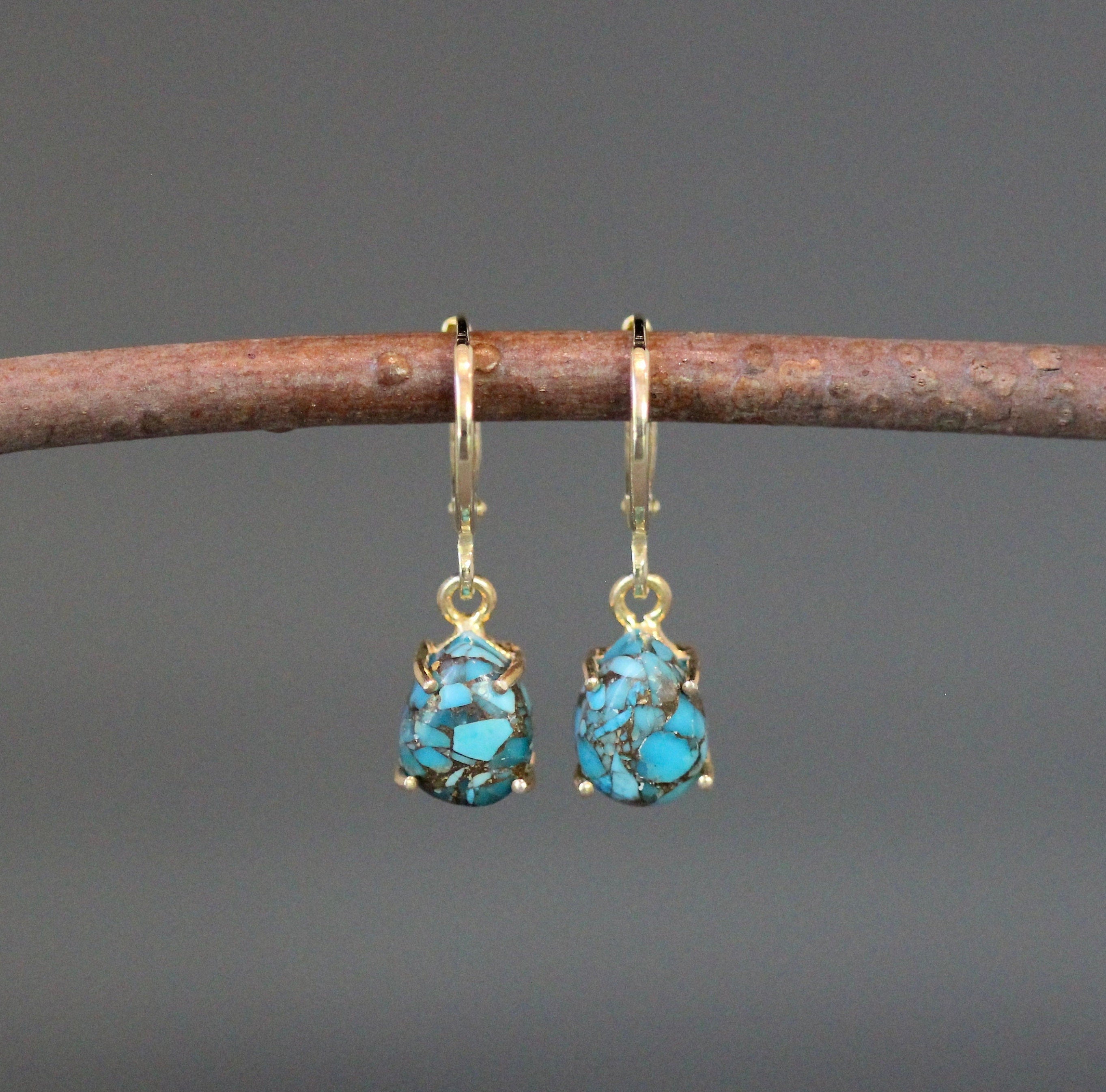 Kingman Copper Turquoise Cabochon Earrings with Gold Vermeil Leverback Hoops