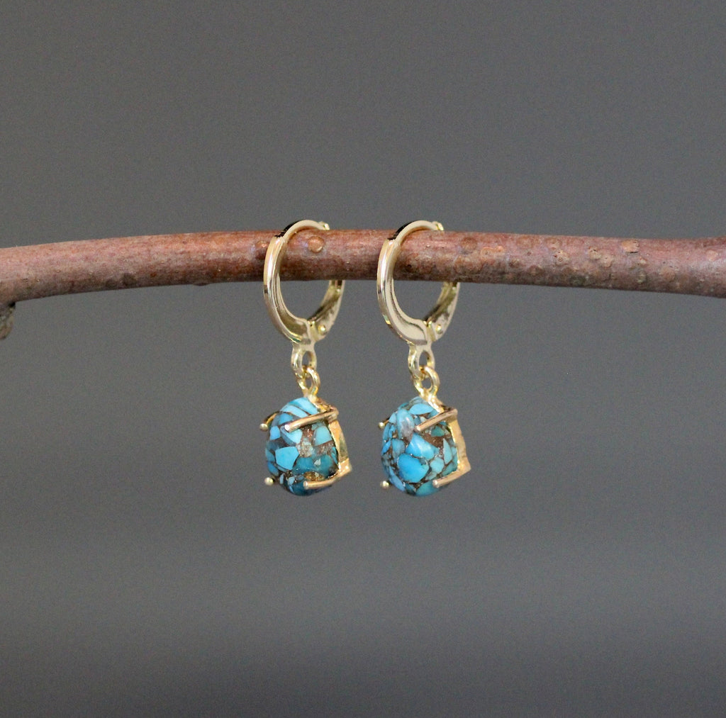 Kingman Copper Turquoise Cabochon Earrings with Gold Vermeil Leverback Hoops