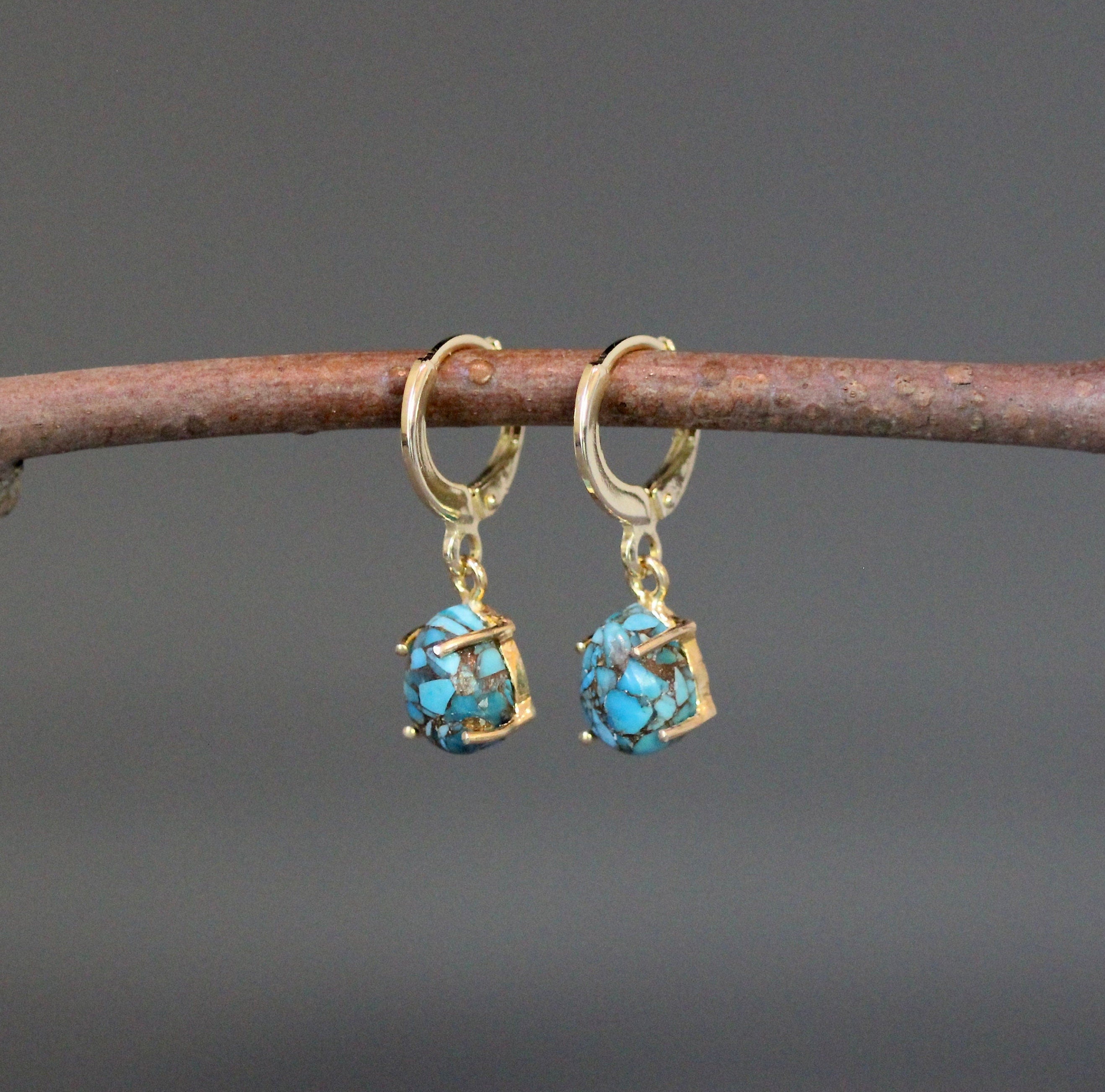 Kingman Copper Turquoise Cabochon Earrings with Gold Vermeil Leverback Hoops