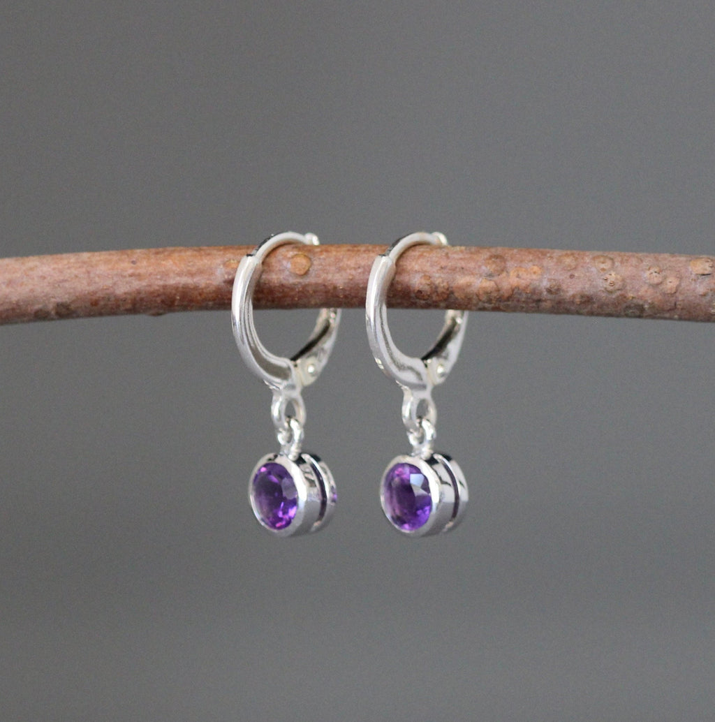 Amethyst Bezel Charm Earrings on Silver Huggie Hoops