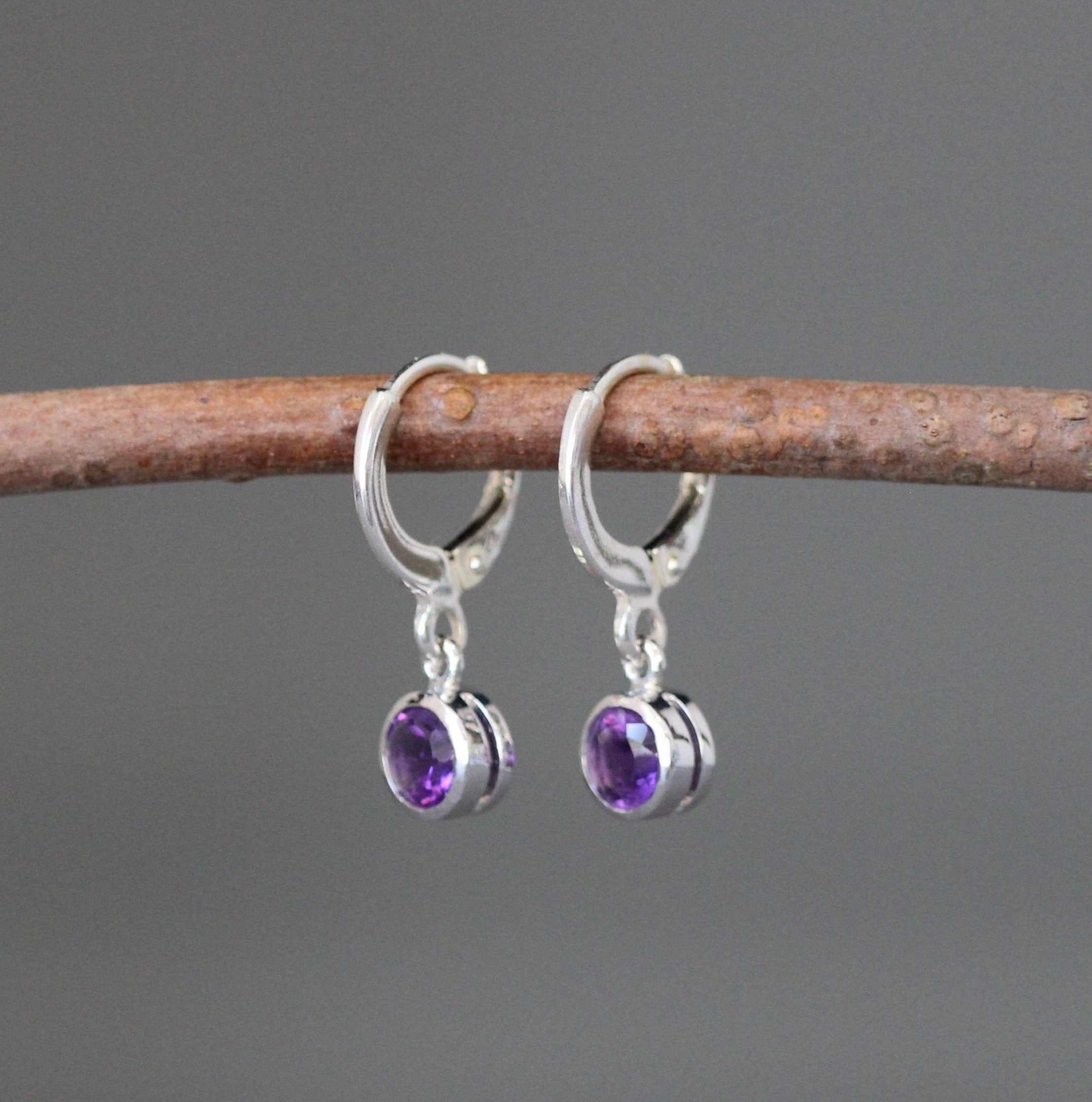 Amethyst Bezel Charm Earrings on Silver Huggie Hoops
