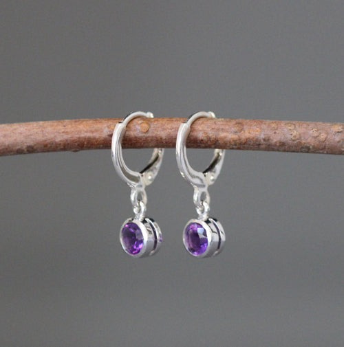 Amethyst Bezel Charm Earrings on Silver Huggie Hoops