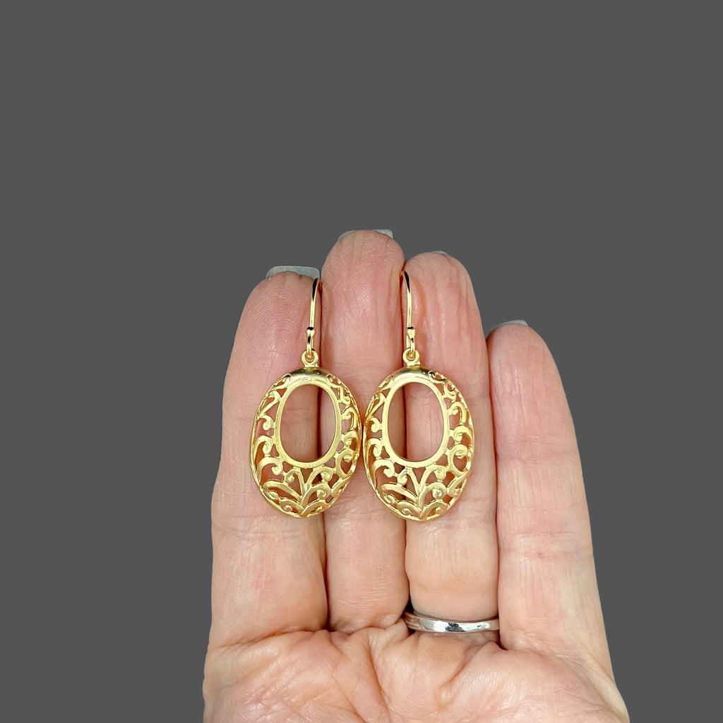 Oval Matte Gold Vermeil Filigree Dangle Earrings