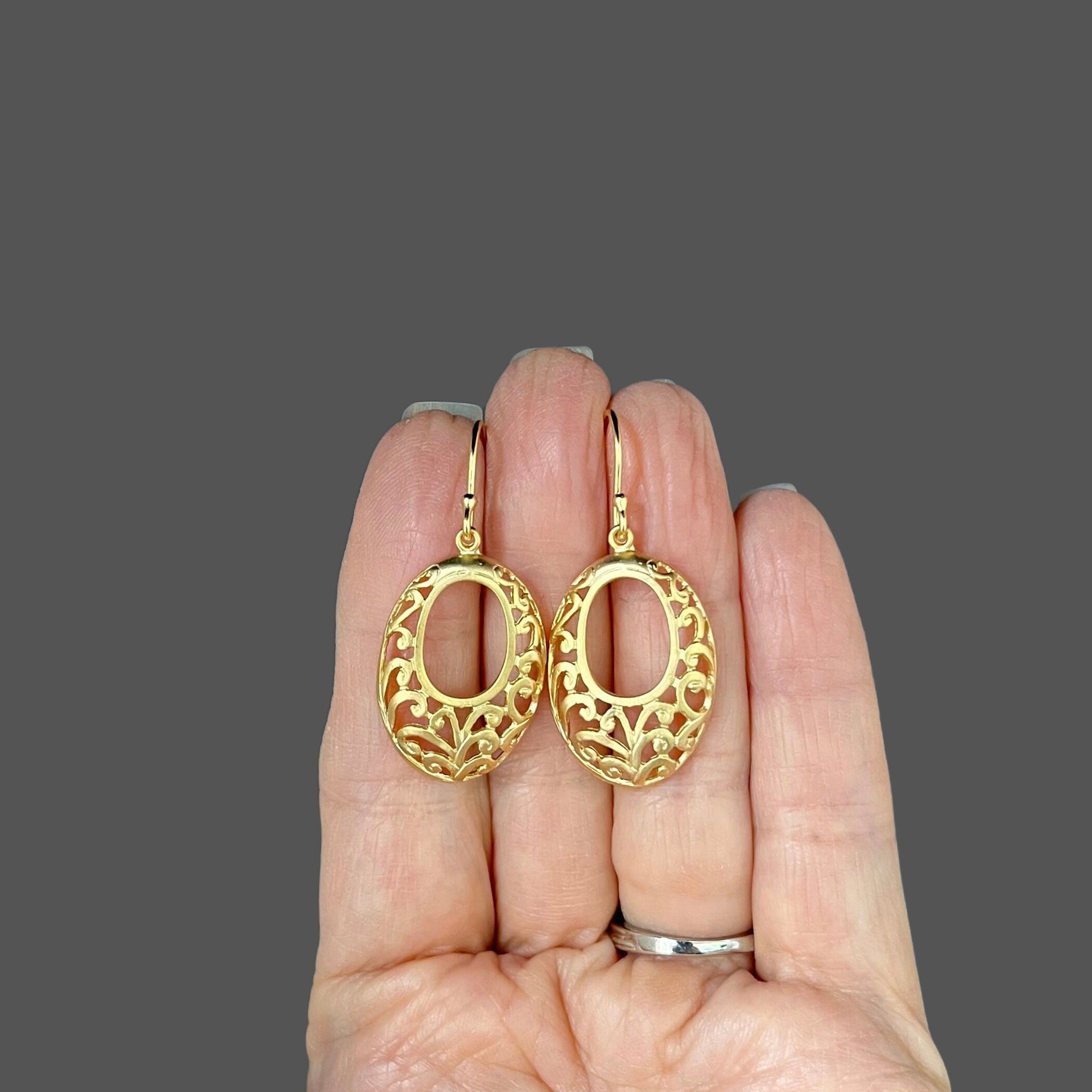 Oval Matte Gold Vermeil Filigree Dangle Earrings