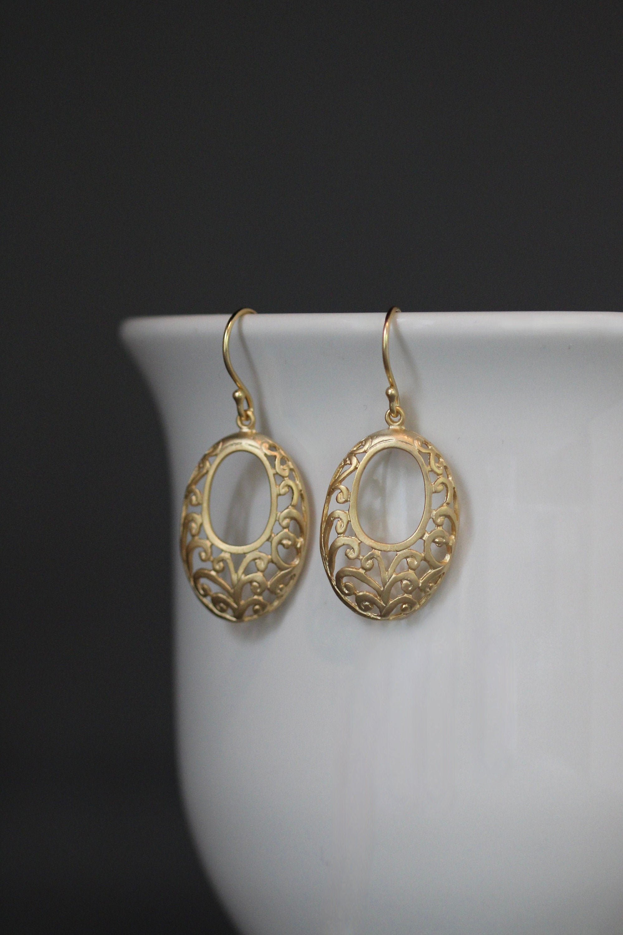Oval Matte Gold Vermeil Filigree Dangle Earrings