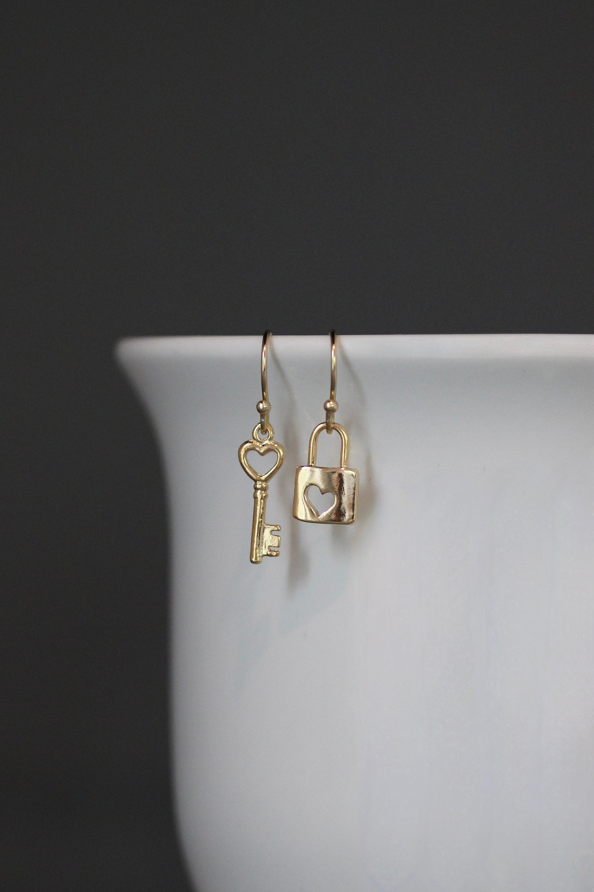 Gold Vermeil Heart Lock and Key Charm Dangle Earrings