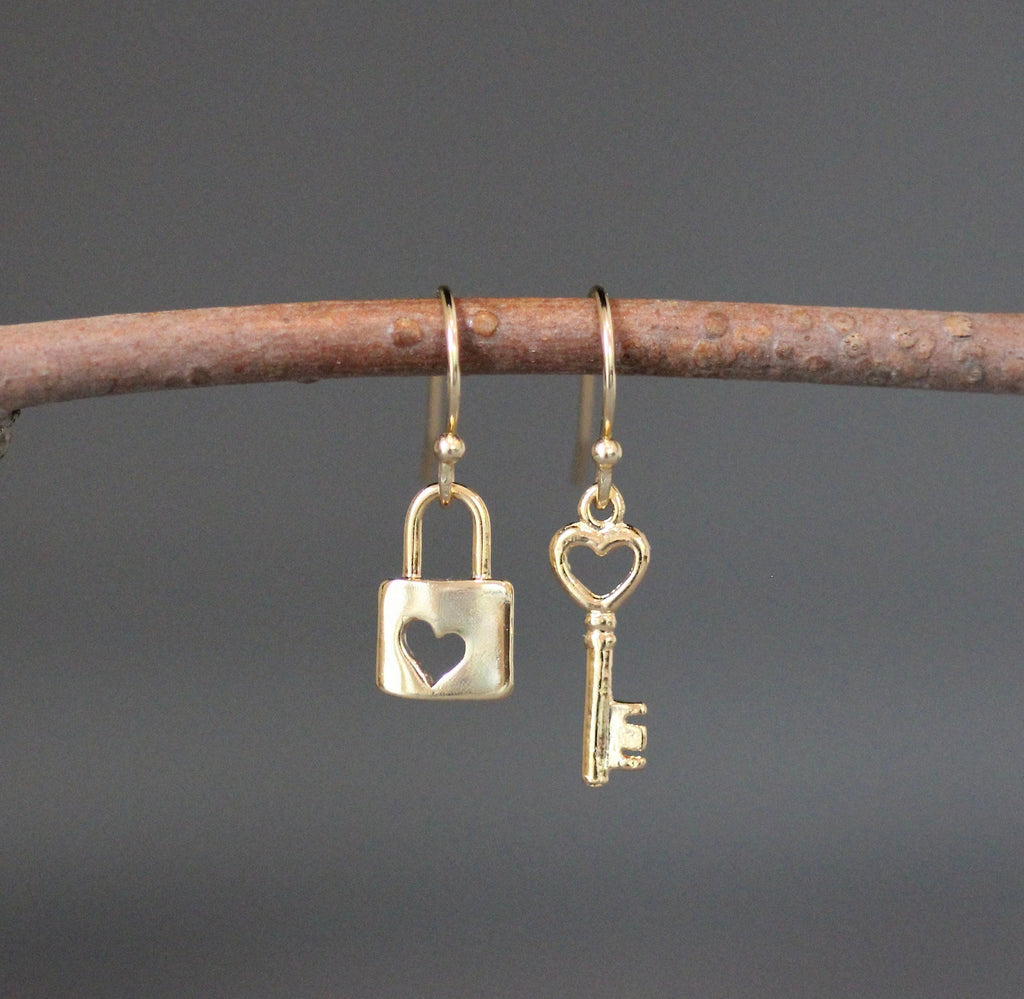 Gold Vermeil Heart Lock and Key Charm Dangle Earrings
