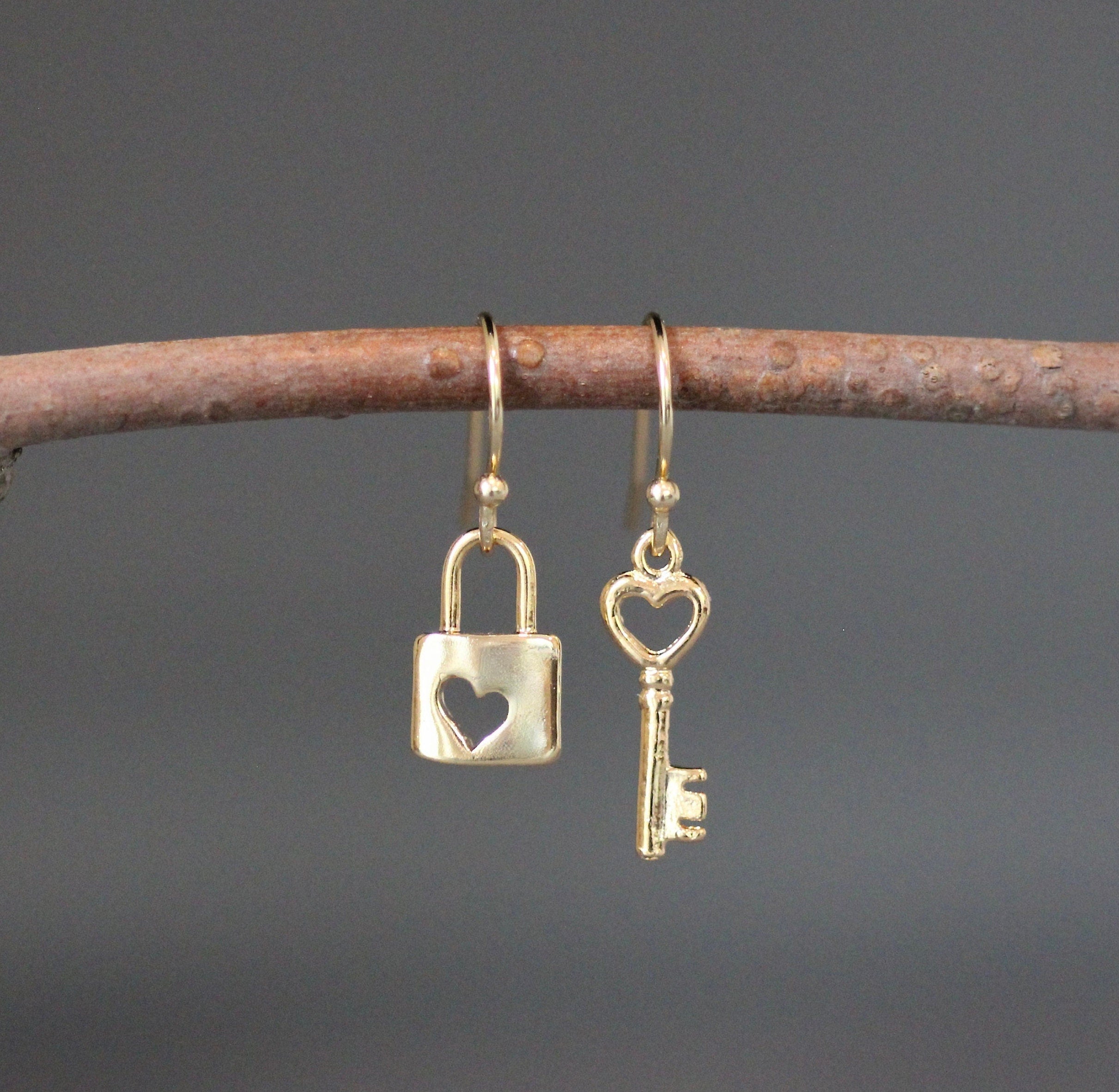 Gold Vermeil Heart Lock and Key Charm Dangle Earrings