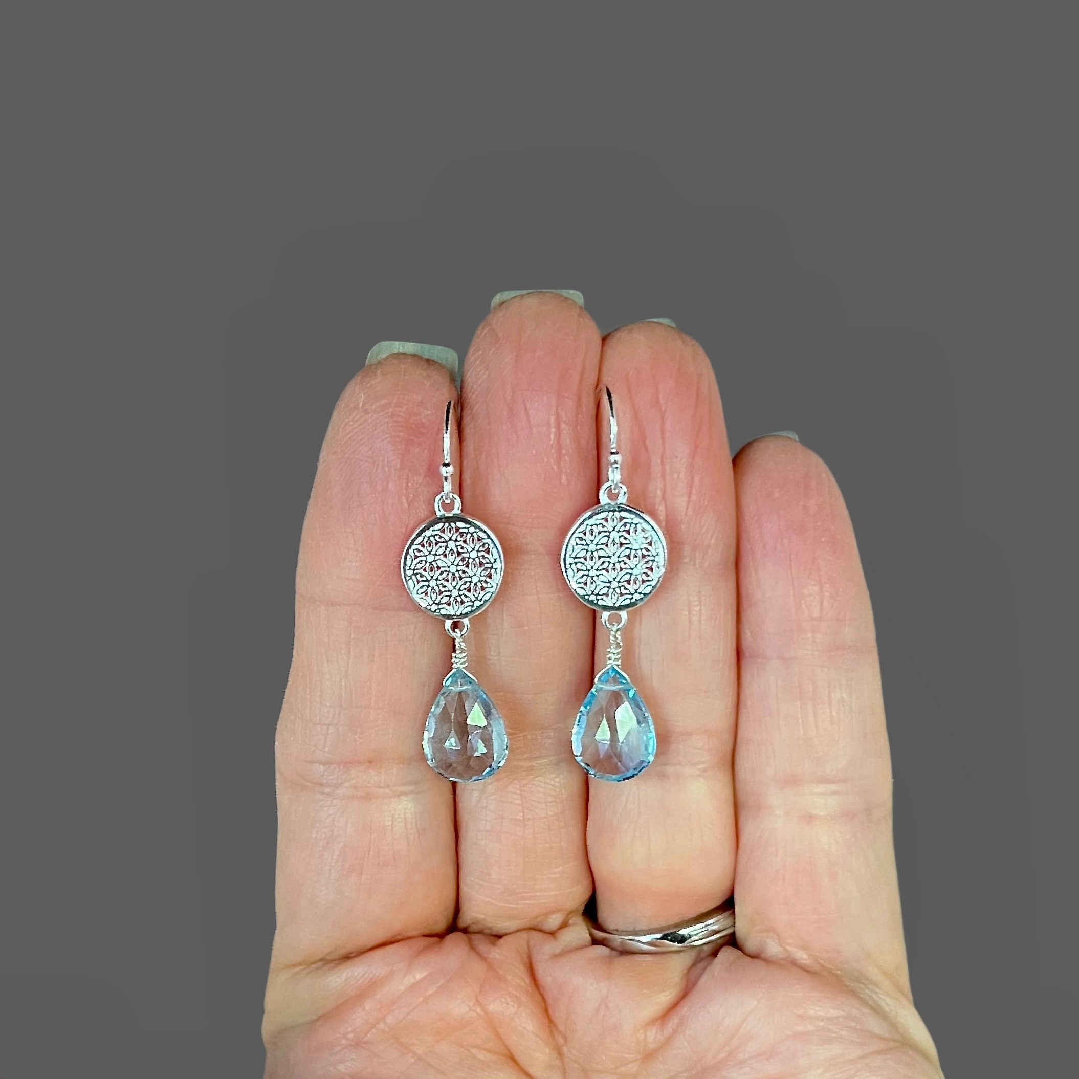 Blue Topaz and Sterling Silver Filigree Flower Dangle Earrings
