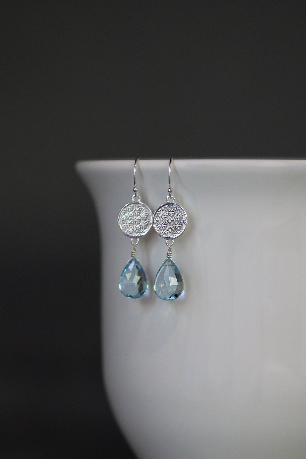 Blue Topaz and Sterling Silver Filigree Flower Dangle Earrings