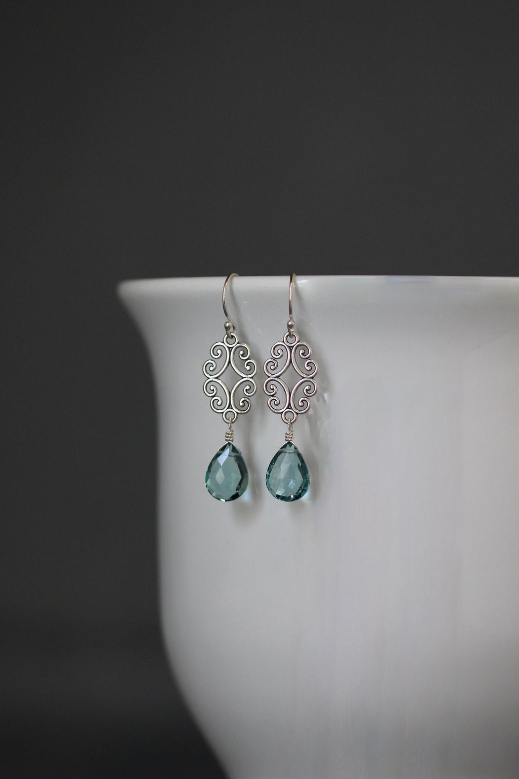 Teal Quartz Teardrop Earrings on Bali Silver Filigree Chandelier Links