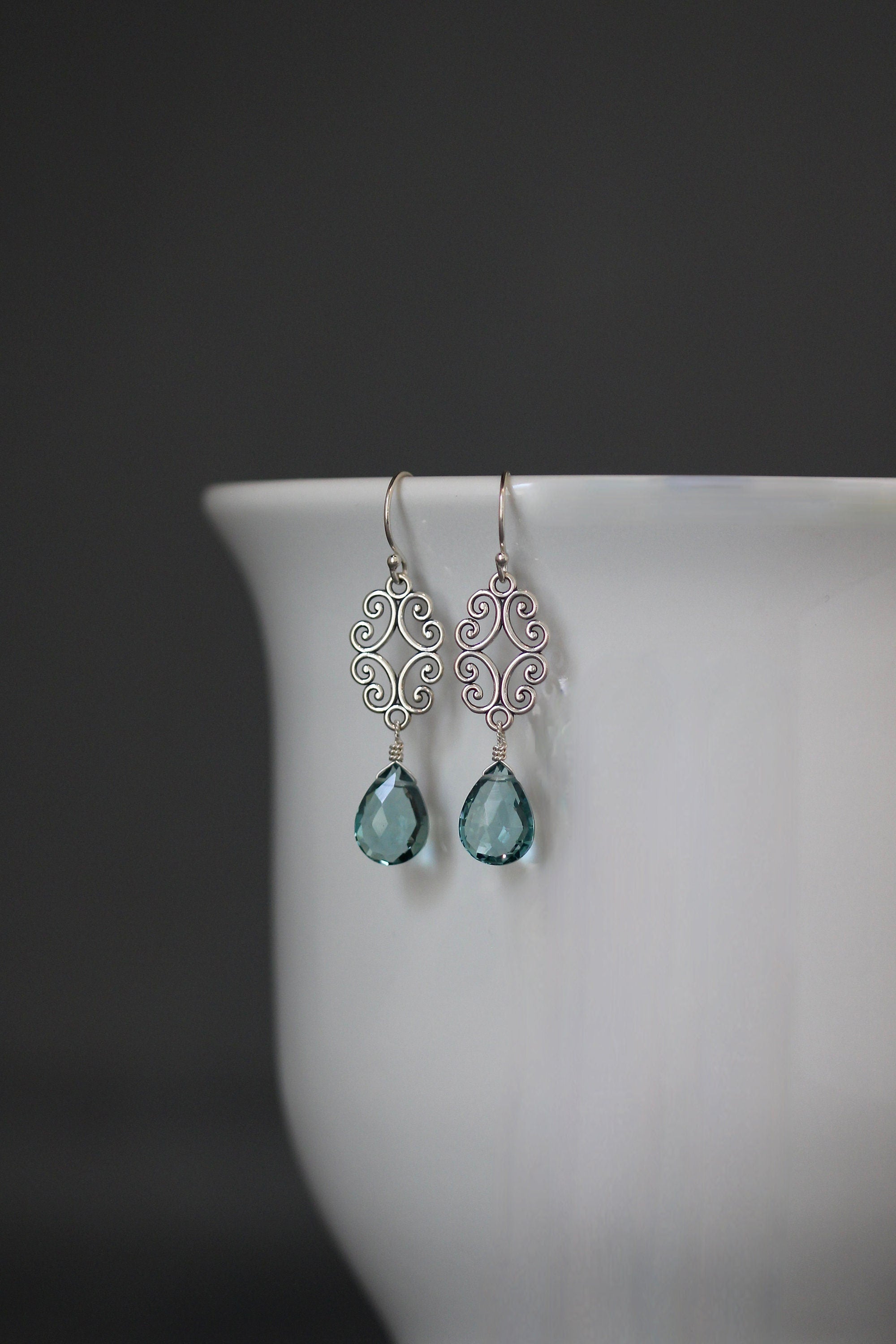 Teal Quartz Teardrop Earrings on Bali Silver Filigree Chandelier Links