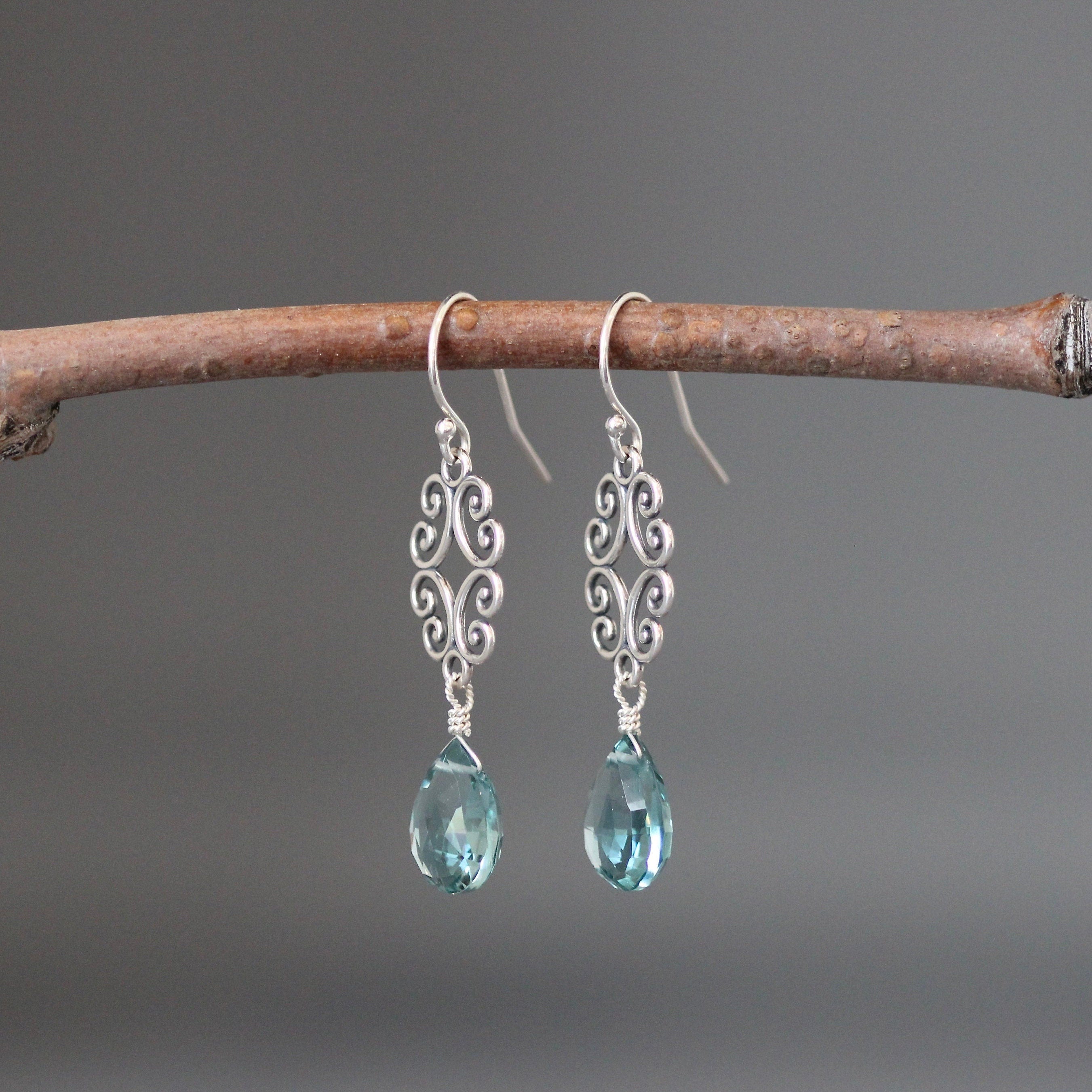 Teal Quartz Teardrop Earrings on Bali Silver Filigree Chandelier Links
