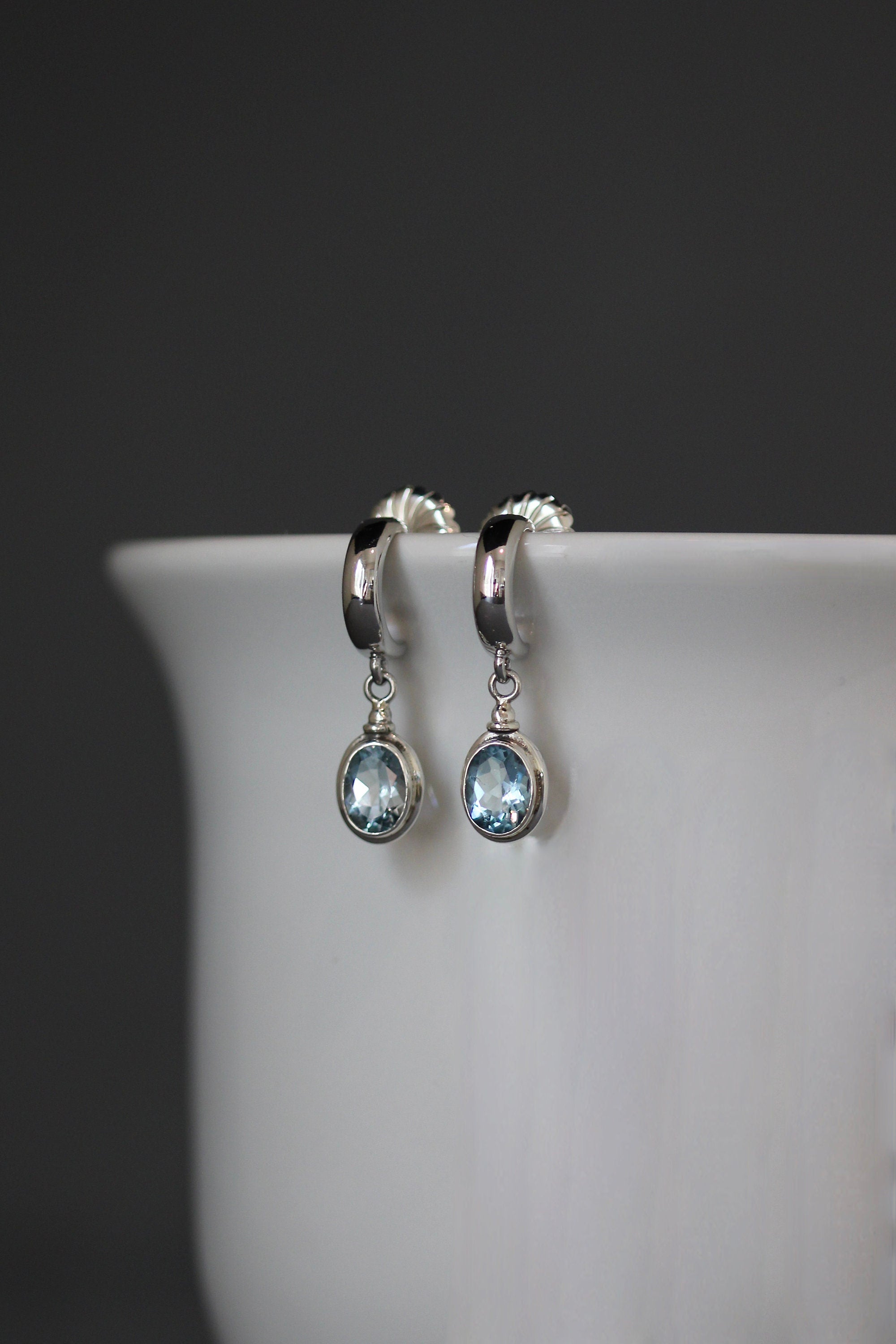 Blue Topaz Bezel Earrings on Sterling Silver Post Hoops