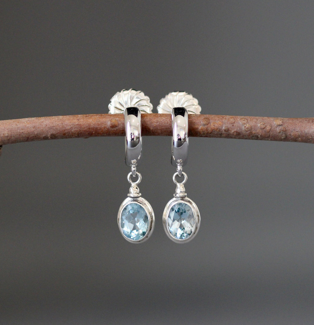 Blue Topaz Bezel Earrings on Sterling Silver Post Hoops