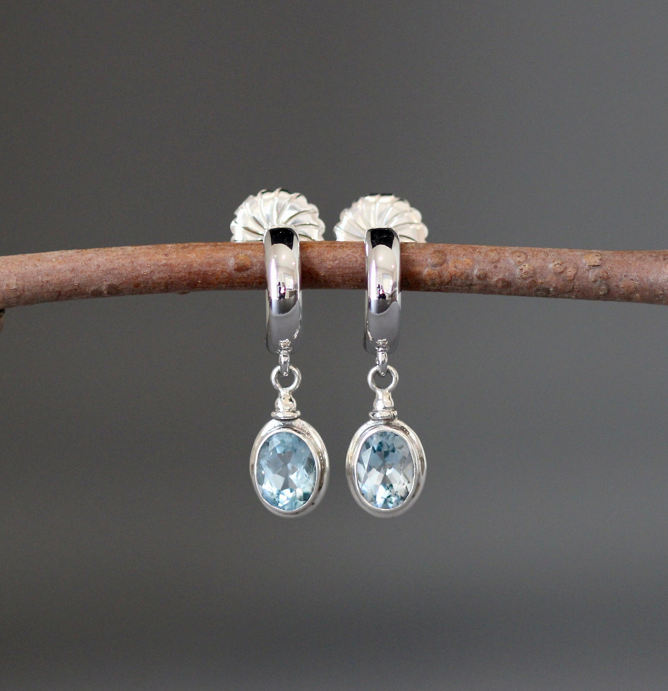 Blue Topaz Bezel Earrings on Sterling Silver Post Hoops