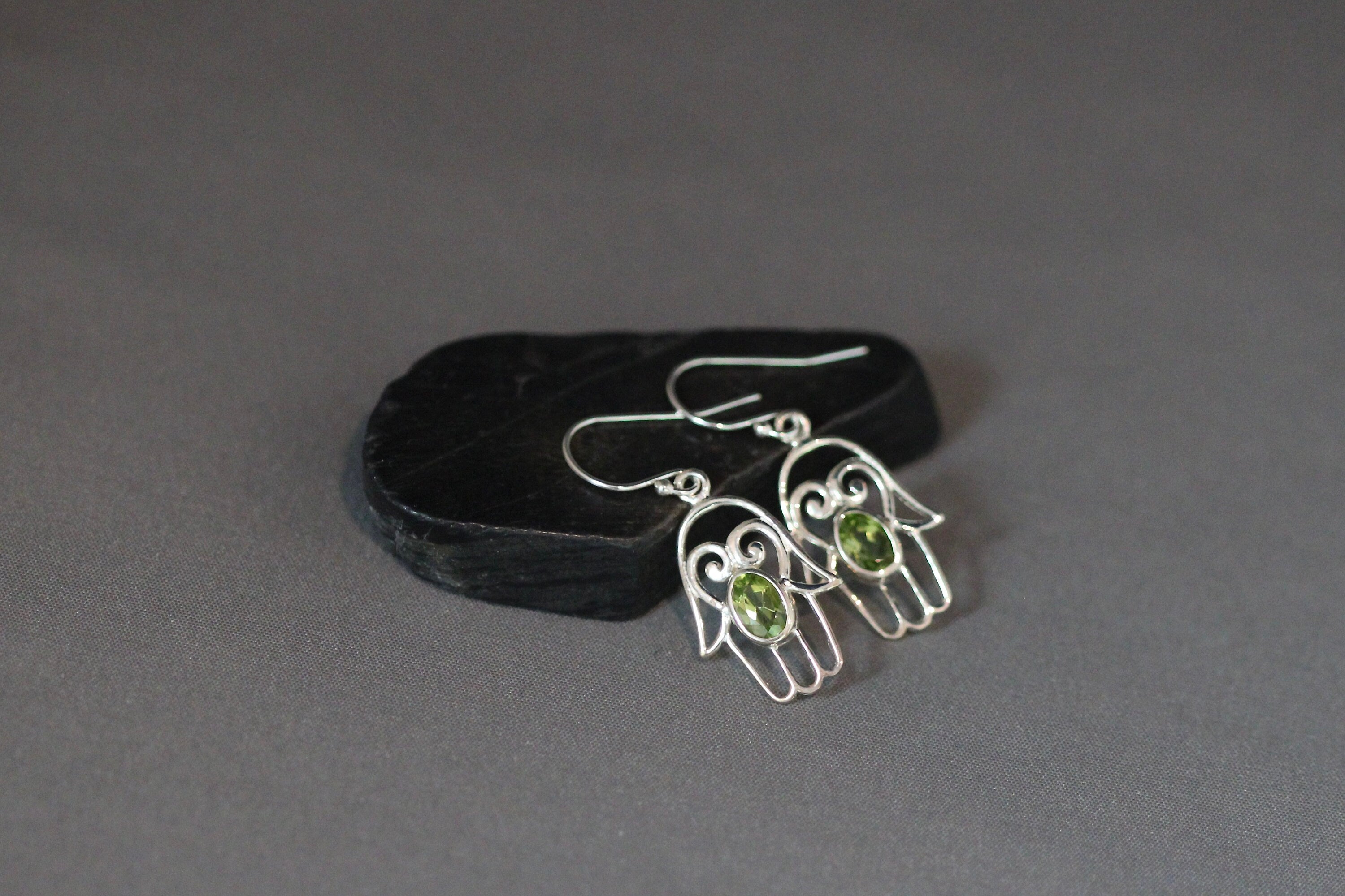 Peridot and Sterling Silver Hamsa Dangle Earrings