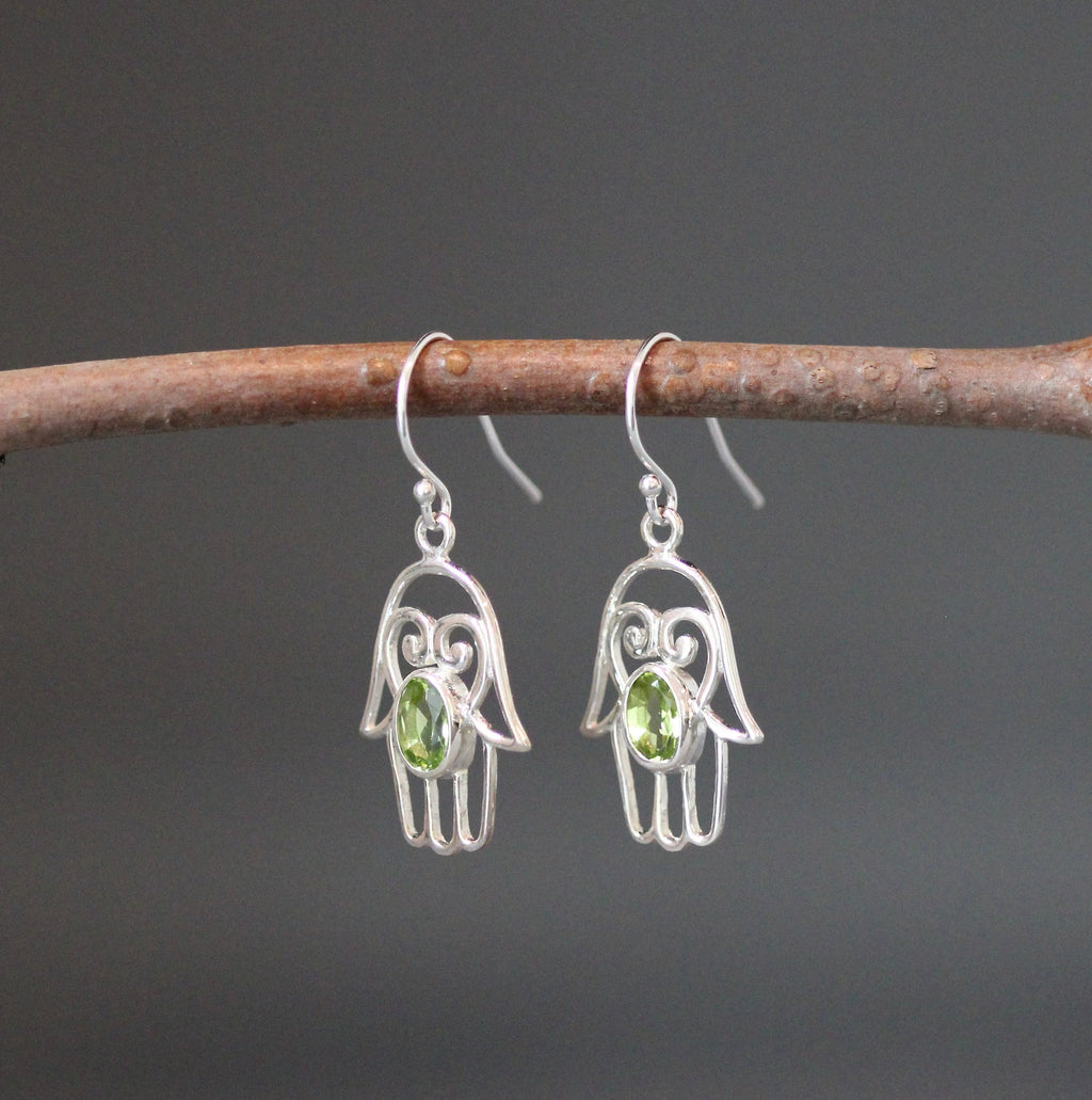 Peridot and Sterling Silver Hamsa Dangle Earrings
