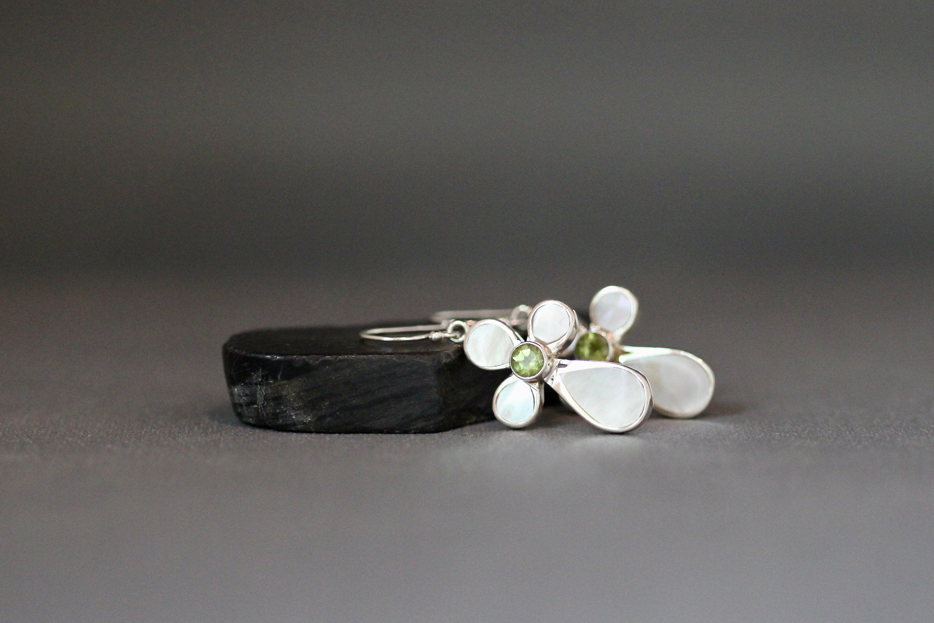 Peridot and Mother of Pearl Cross Earrings in Sterling Silver