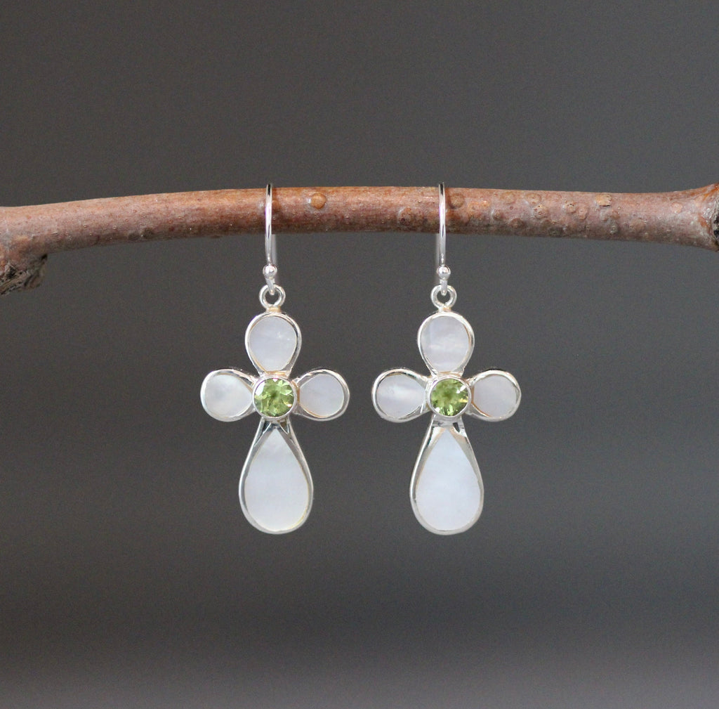 Peridot and Mother of Pearl Cross Earrings in Sterling Silver
