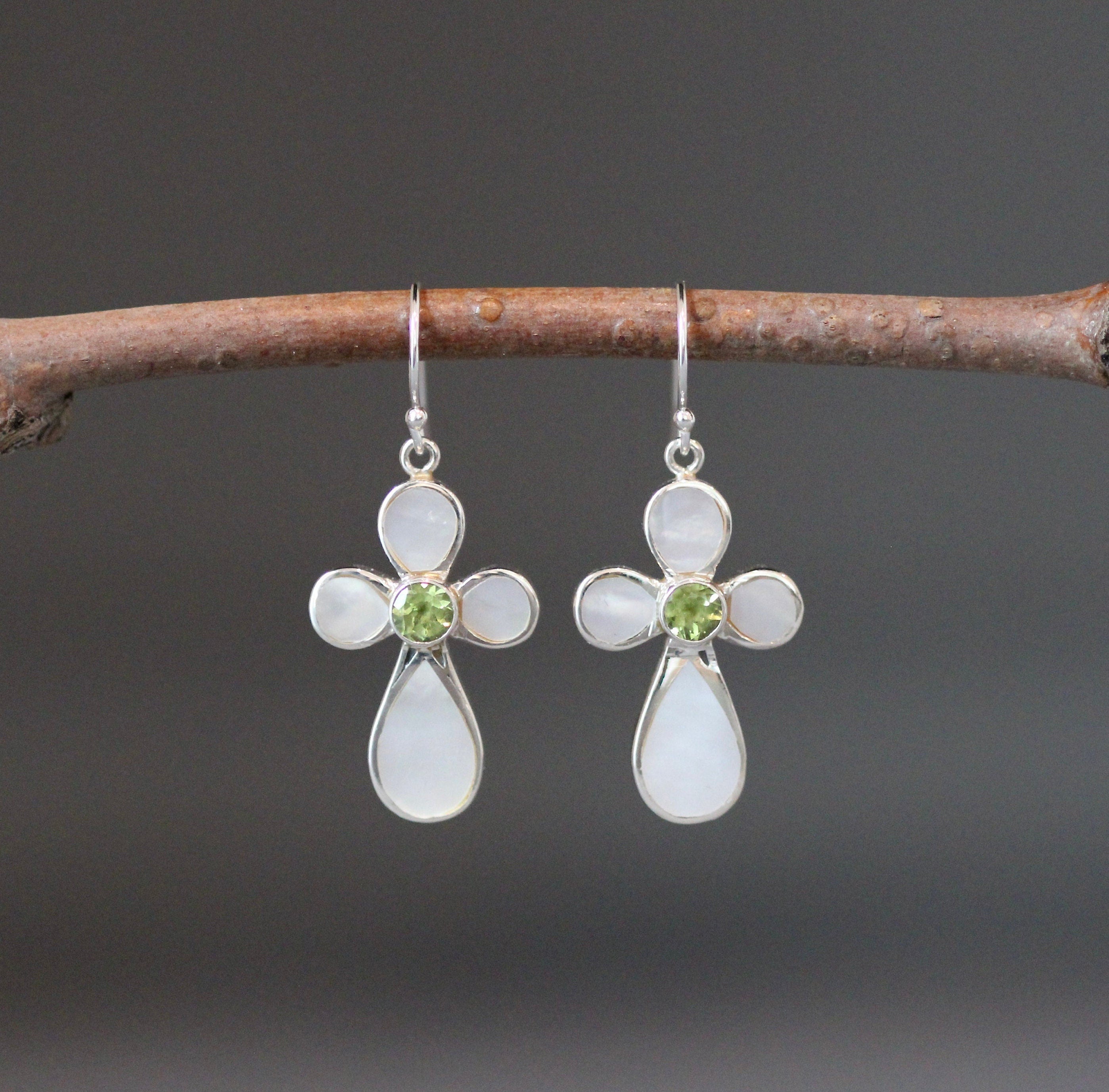 Peridot and Mother of Pearl Cross Earrings in Sterling Silver