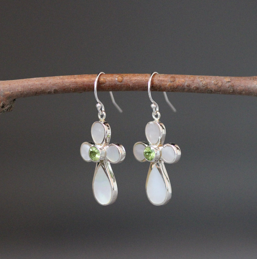Peridot and Mother of Pearl Cross Earrings in Sterling Silver