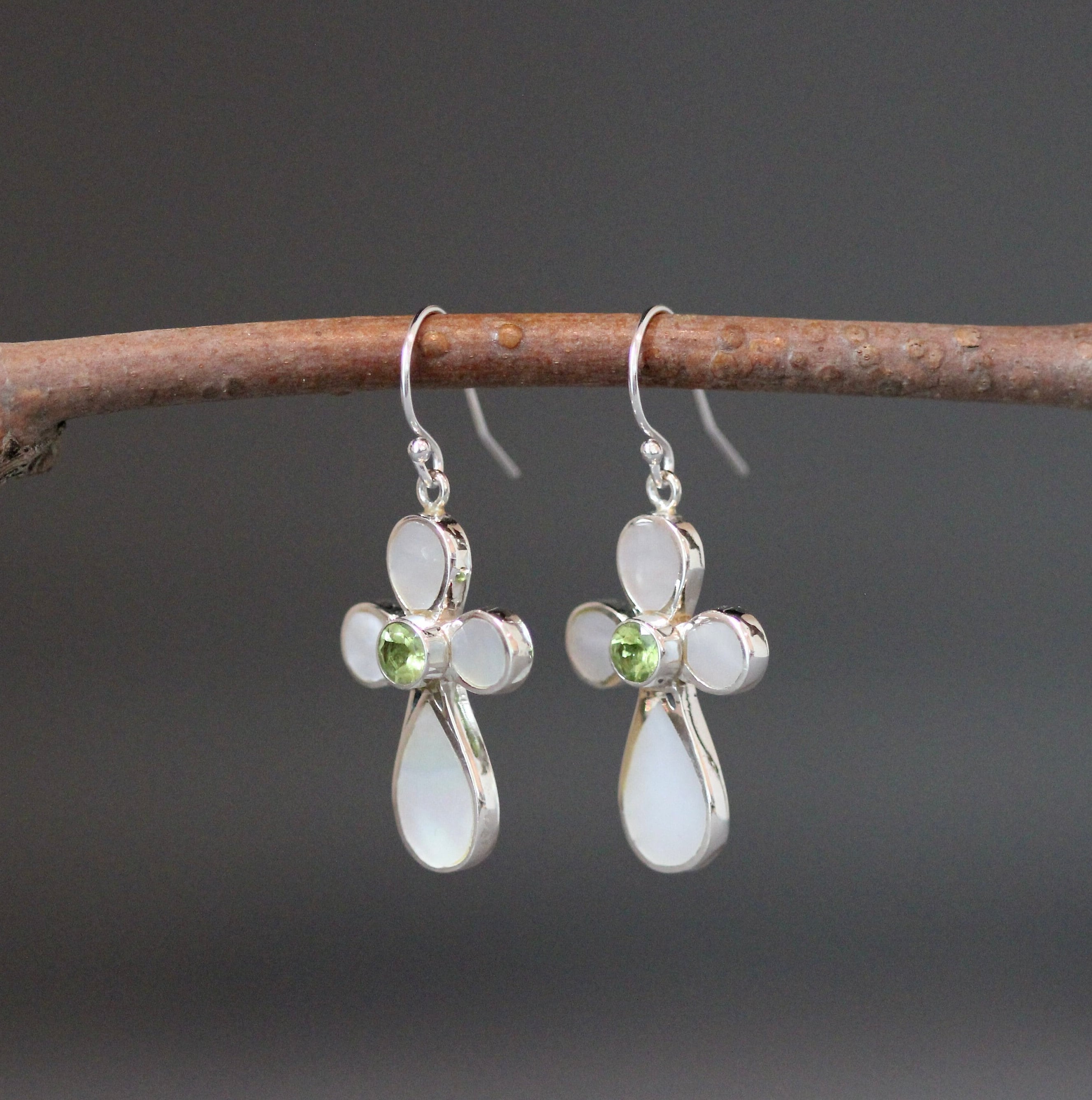 Peridot and Mother of Pearl Cross Earrings in Sterling Silver