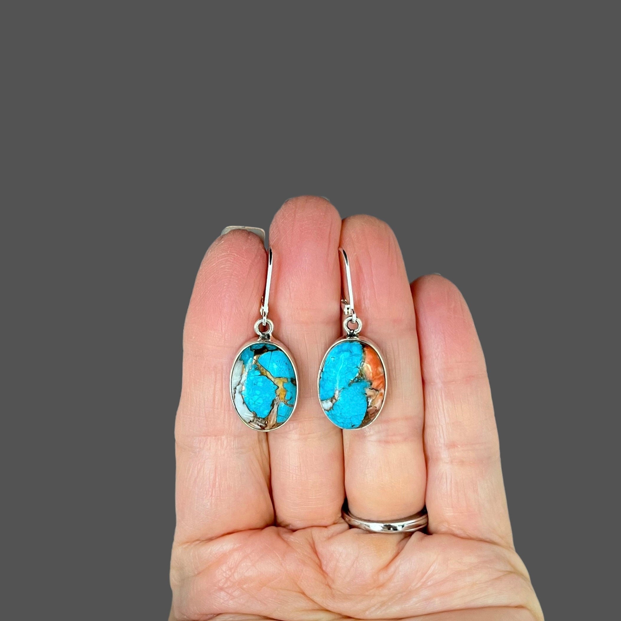 Kingman Copper Turquoise Oval Cabochon Earrings in Sterling Silver Bezels