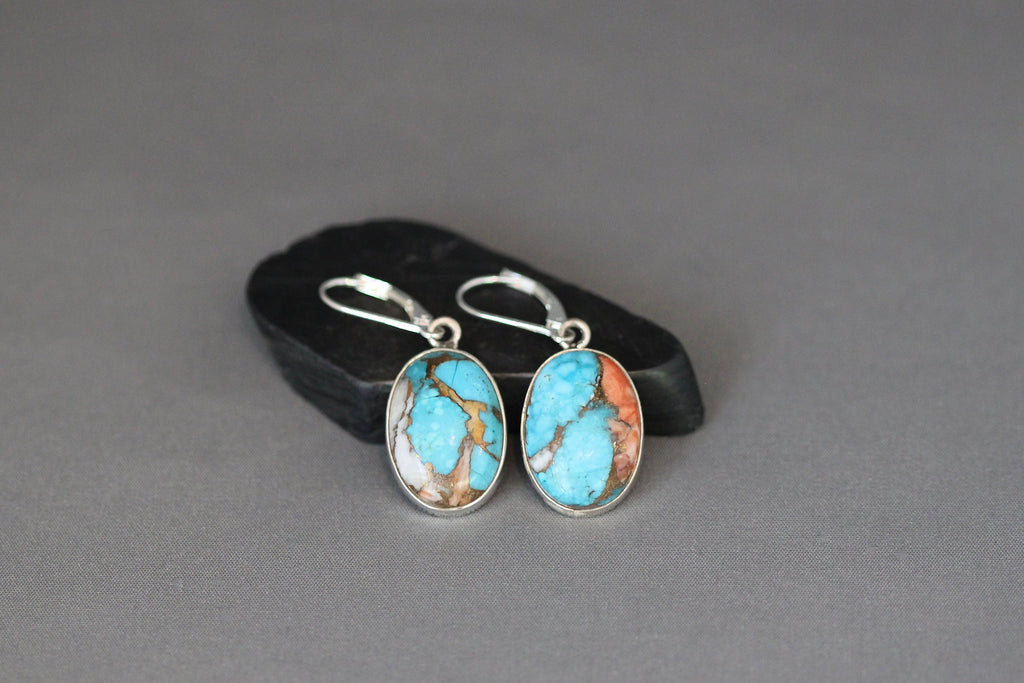 Kingman Copper Turquoise Oval Cabochon Earrings in Sterling Silver Bezels