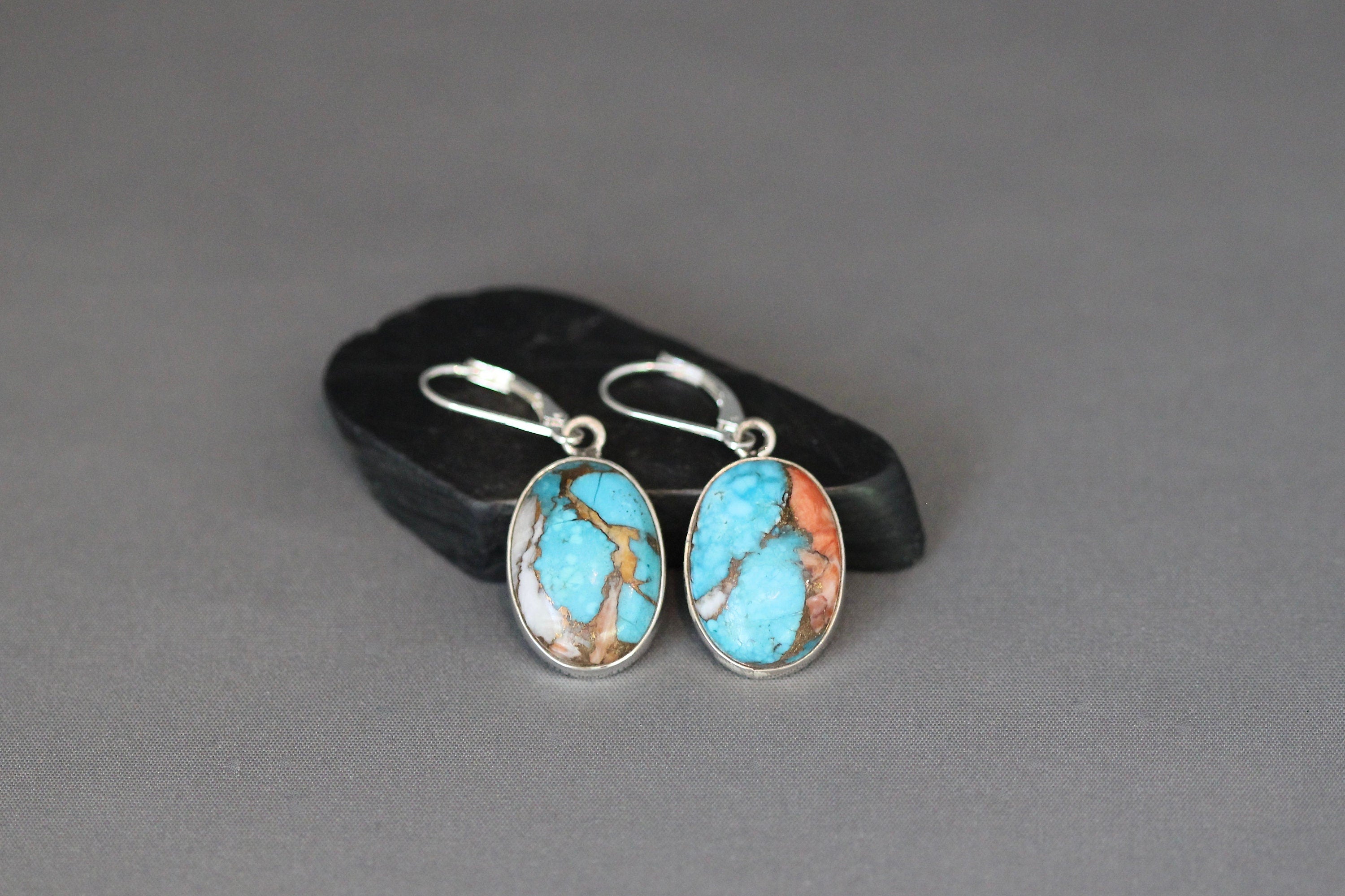 Kingman Copper Turquoise Oval Cabochon Earrings in Sterling Silver Bezels