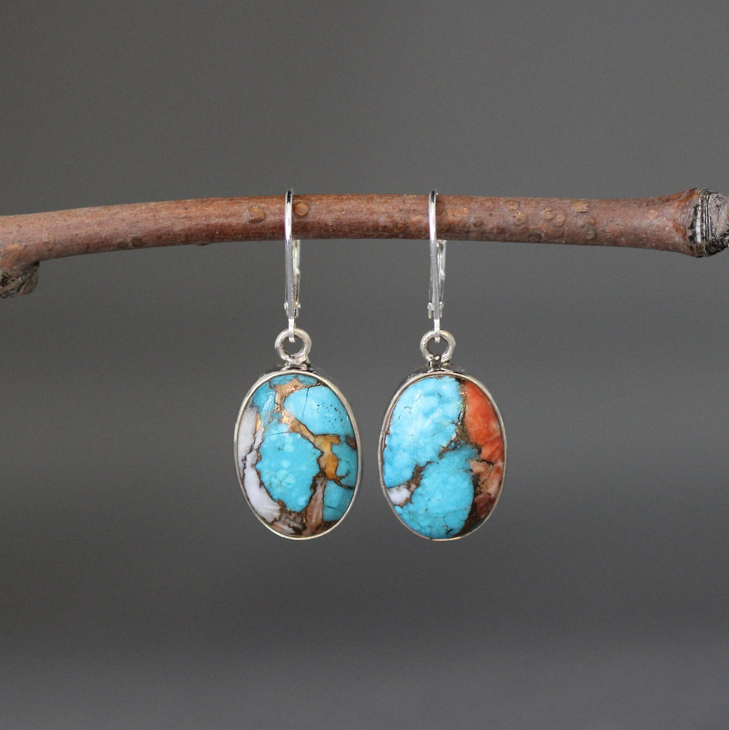 Kingman Copper Turquoise Oval Cabochon Earrings in Sterling Silver Bezels