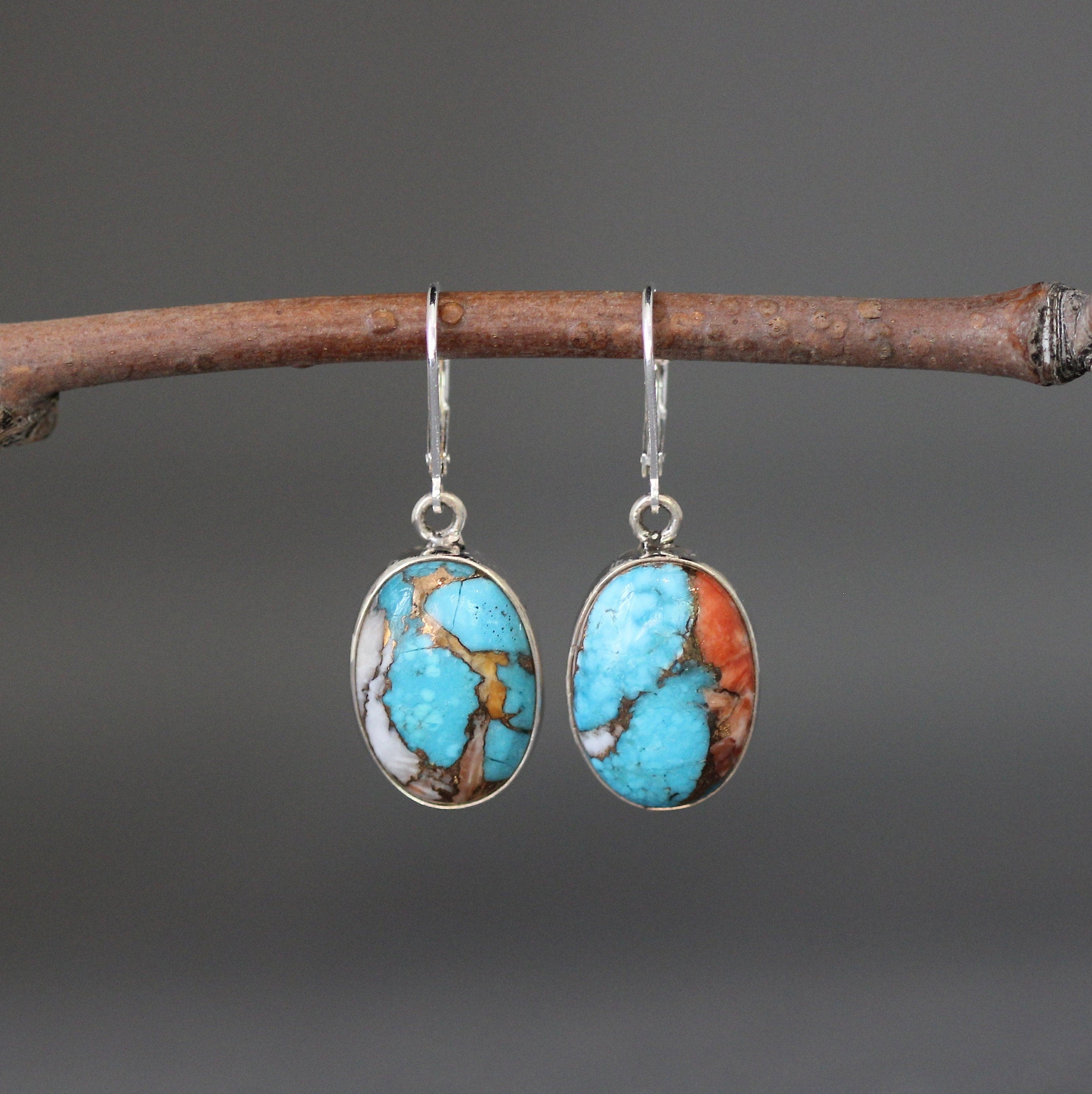 Kingman Copper Turquoise Oval Cabochon Earrings in Sterling Silver Bezels