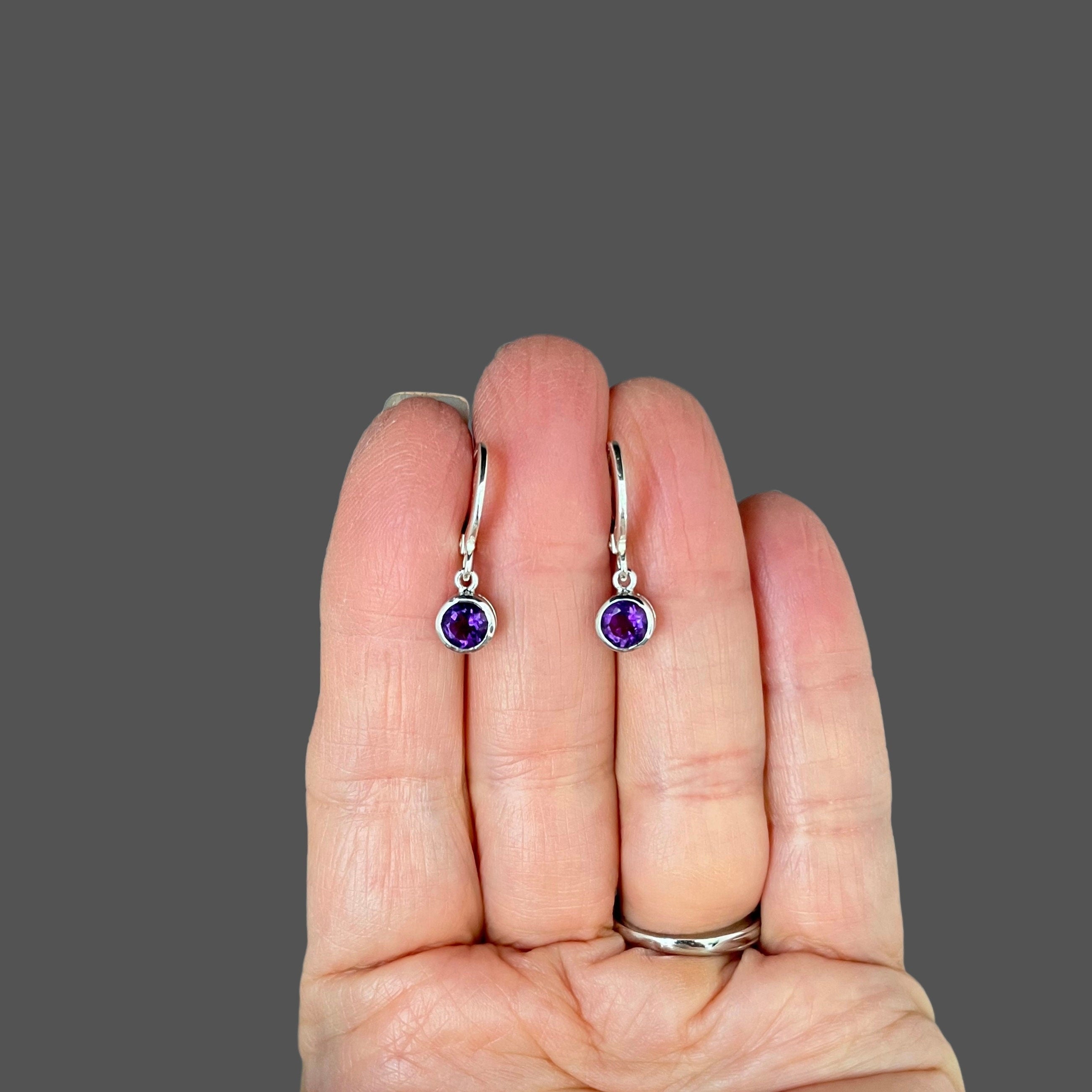 Amethyst Bezel Charm Earrings on Silver Huggie Hoops