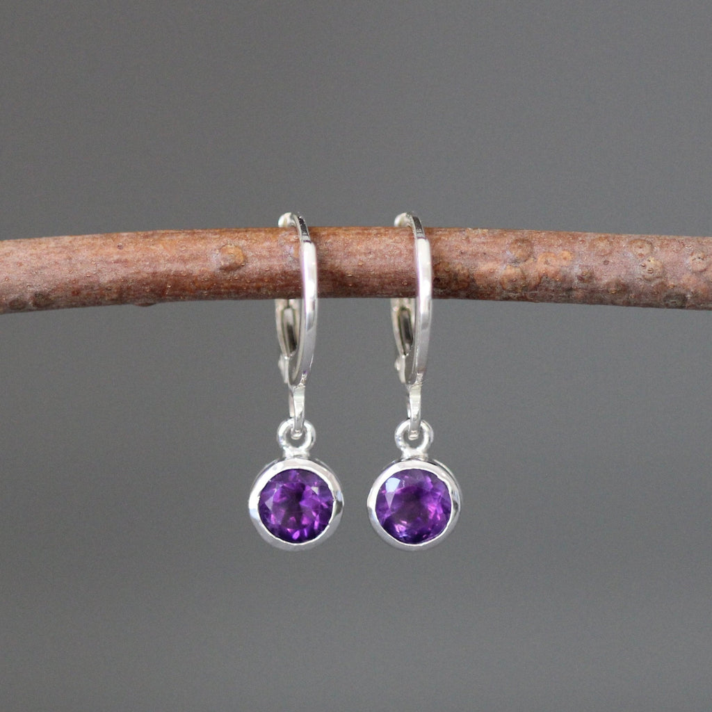 Amethyst Bezel Charm Earrings on Silver Huggie Hoops