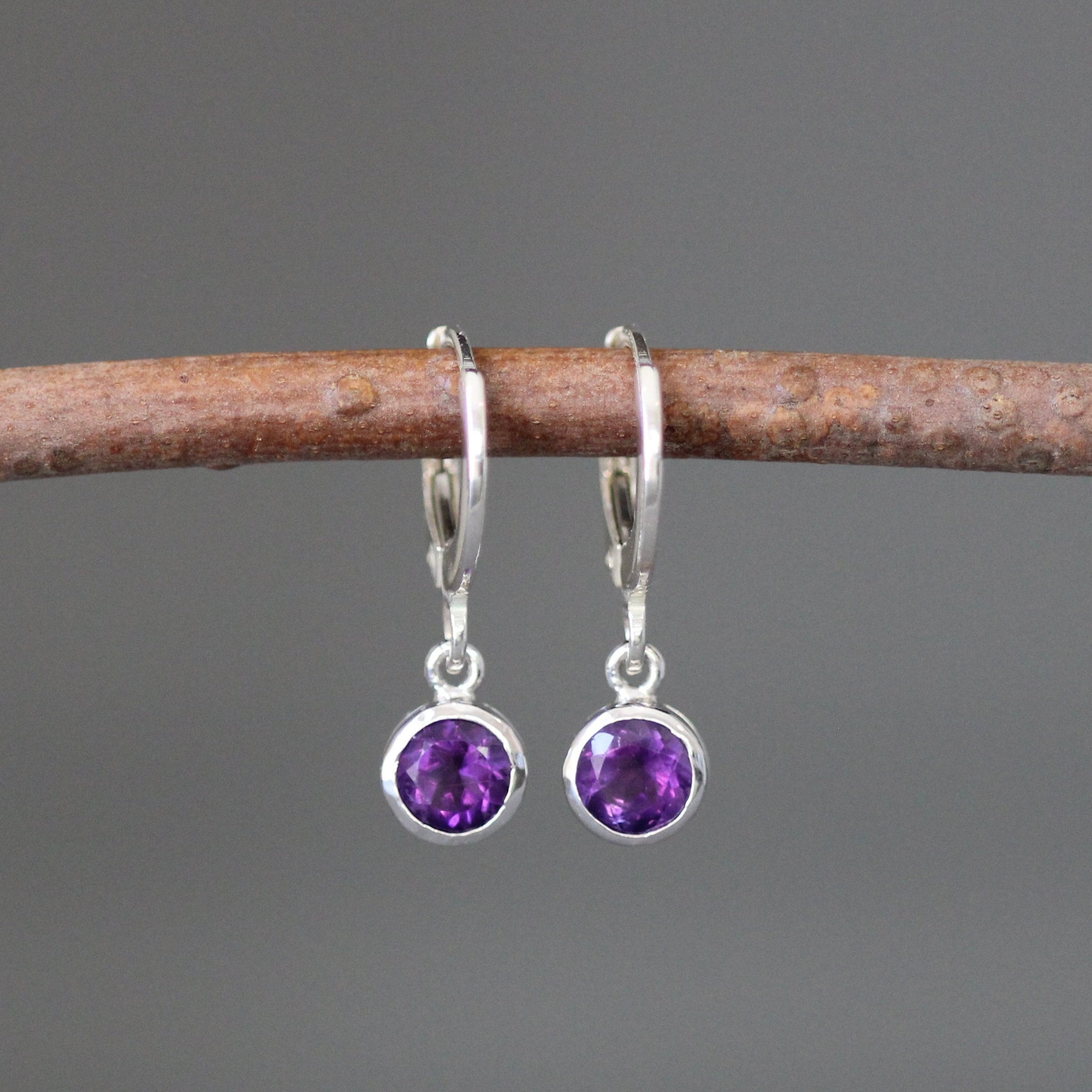 Amethyst Bezel Charm Earrings on Silver Huggie Hoops