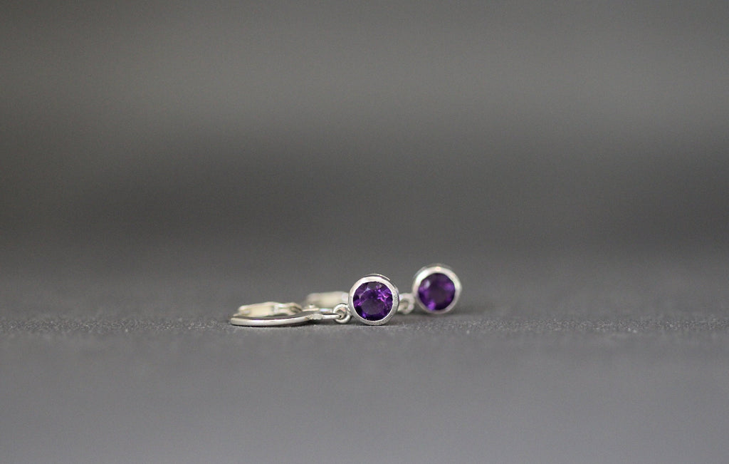 Amethyst Bezel Charm Earrings on Silver Huggie Hoops